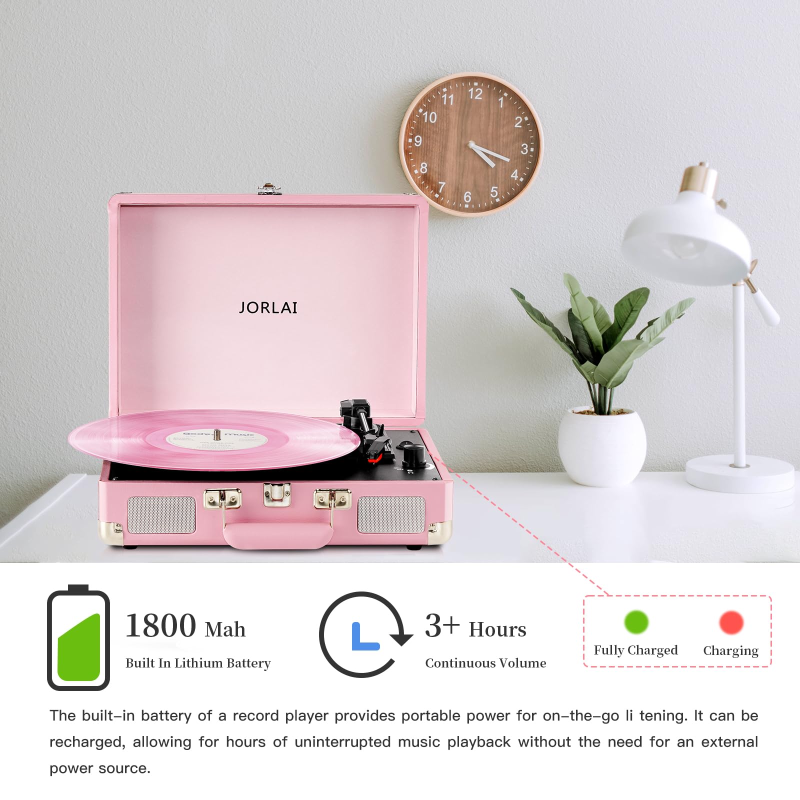 JORLAI Pink Vinyl Record Player 3 Speeds Portable Suitcase Turntable with Built-in Dual Speakers, Bluetooth Gramophone with Built-in Battery 3.5mm Aux Input/RCA Output