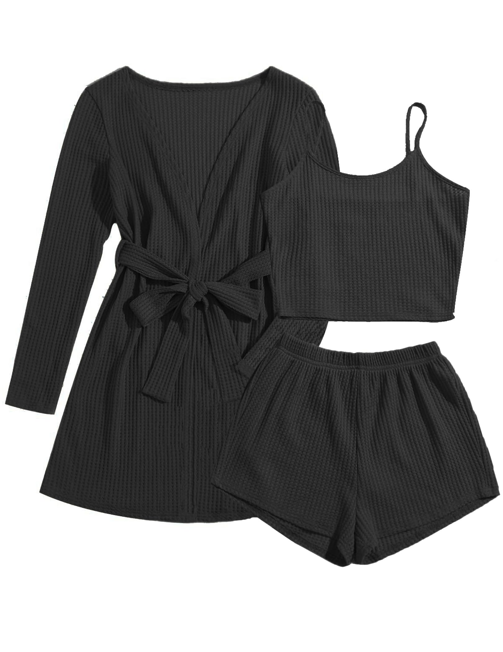 Ekouaer Womens 3 Piece Waffle Knit Lounge Set Soft Pajama Sets Tank Top and Shorts Cardigan with Pockets S-XXL: X-Large Black-xl