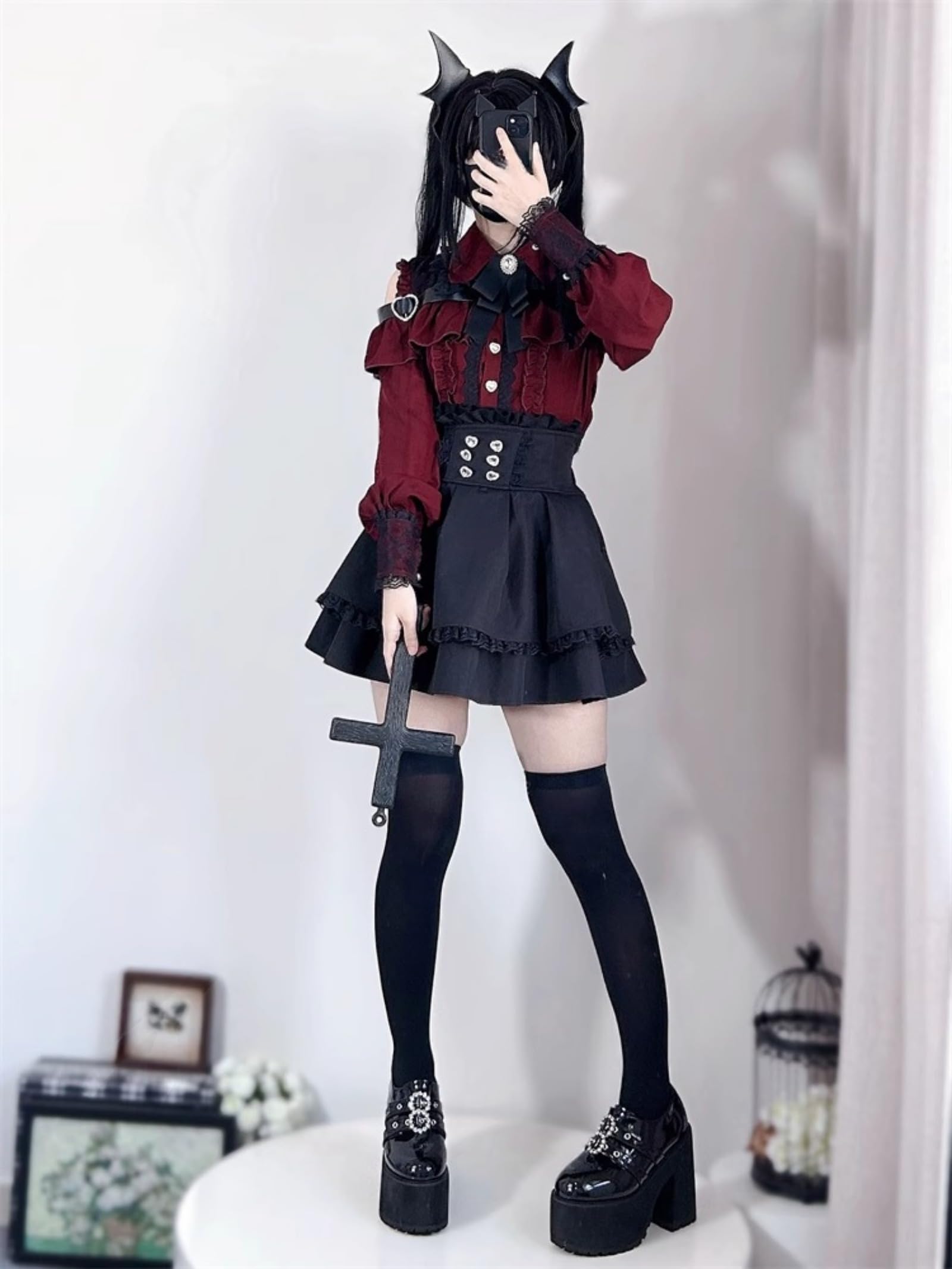 Wayolyn Lolita Shirts Jirai Kei Fashion Kawaii Clothing Goth Shirts Women Lace Mesh Sheer Long Sleeve Blouse