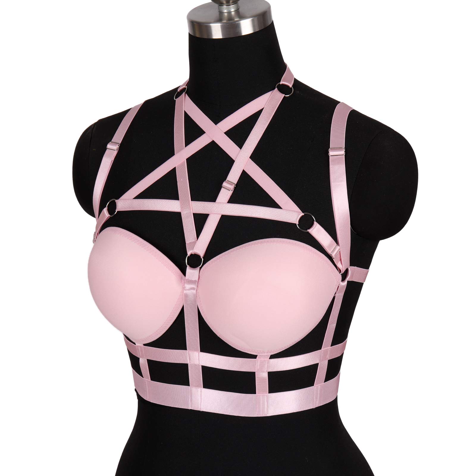 Woman's Body Harness Bra Lingerie cage Punk Goth Plus Size Festival Rave Pentagram Chest Strap Belt: Pink