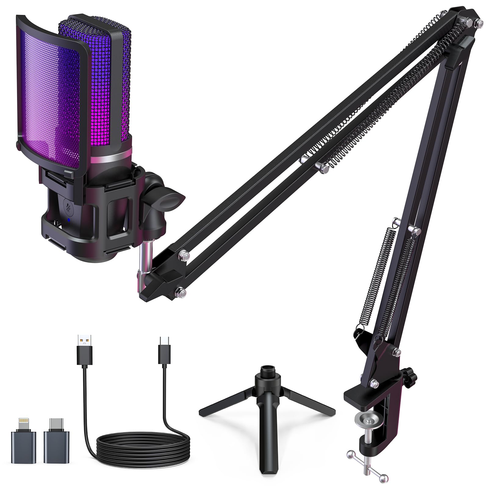 ZealSound Gaming USB Microphone,Noise Cancellation Condenser mic, with Mute,Gain,Monitoring,Boom Arm,Pop Filter for Phone,PC,Computer,PS4,PS5,Mac,Streaming,Podcast,Twitch,YouTube,Discord: RGB Microphone