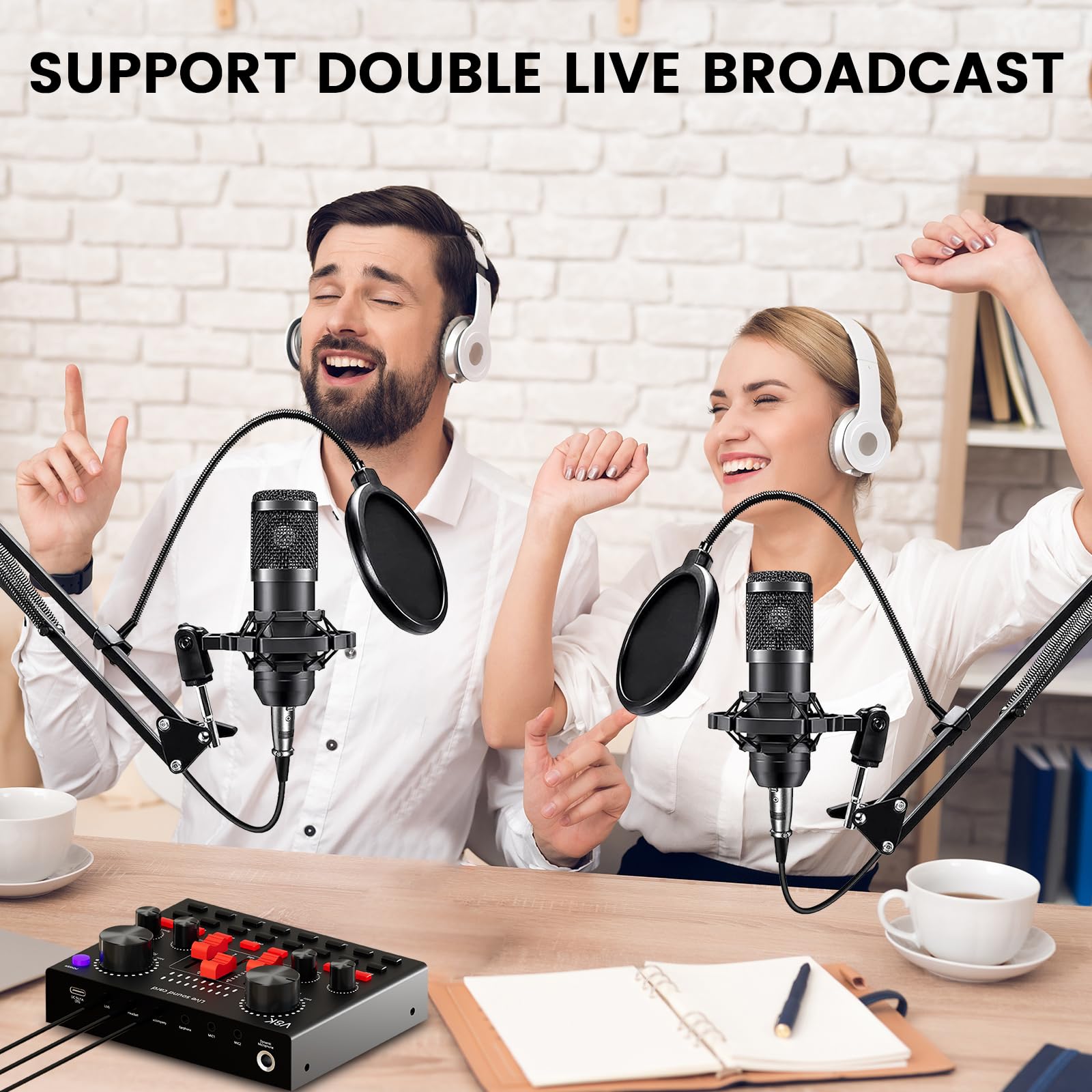 Brvomussy Podcast Equipment Bundle for 2, Audio Interface with Voice Changer Condenser Microphone for Gamer, All-in-One Audio Mixer Perfect for Live Streaming, Singing, YouTube, Gaming