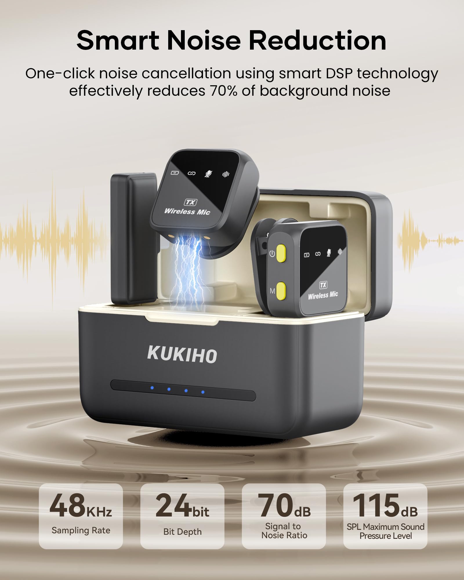 KUKIHO Wireless Lavalier Microphone with Charging Case, 36H Battery Life, Noise Cancellation, 135ft Range, Plug-and-Play Clip-On Mic for iPhone, iPad, Android, YouTube, Vlog, Live Streaming: Mic 2 (2 TX + 1 RX + Charging Case)