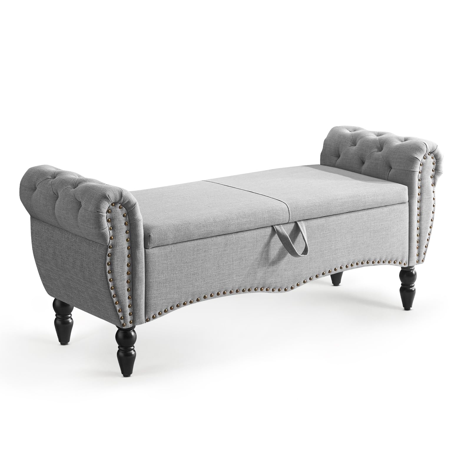 Furniliving Storage Ottoman Bench, Leather Benches End of Bed Bench with Solid Wood Legs Upholstered Ottoman Bench with Storage Indoor Bench for Living Room with Rolled Arm, Entryway, YellowBrown: Grey-1 51-inch