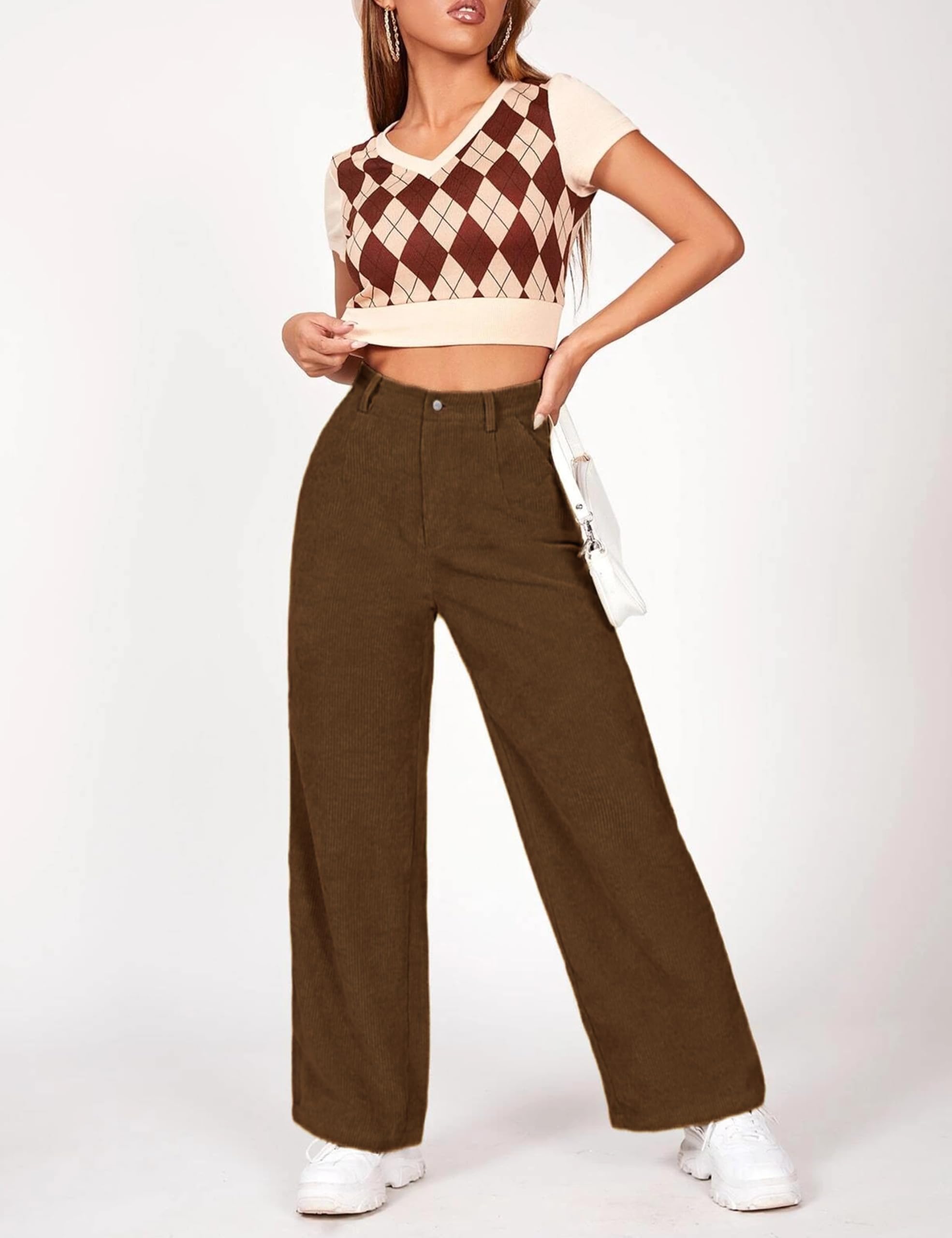 Himosyber Corduroy Pants for Women Casual Elastic High Waist Stretchy Wide Leg Pants Loose Fit Comfy Trousers with Pockets thumbnail 4
