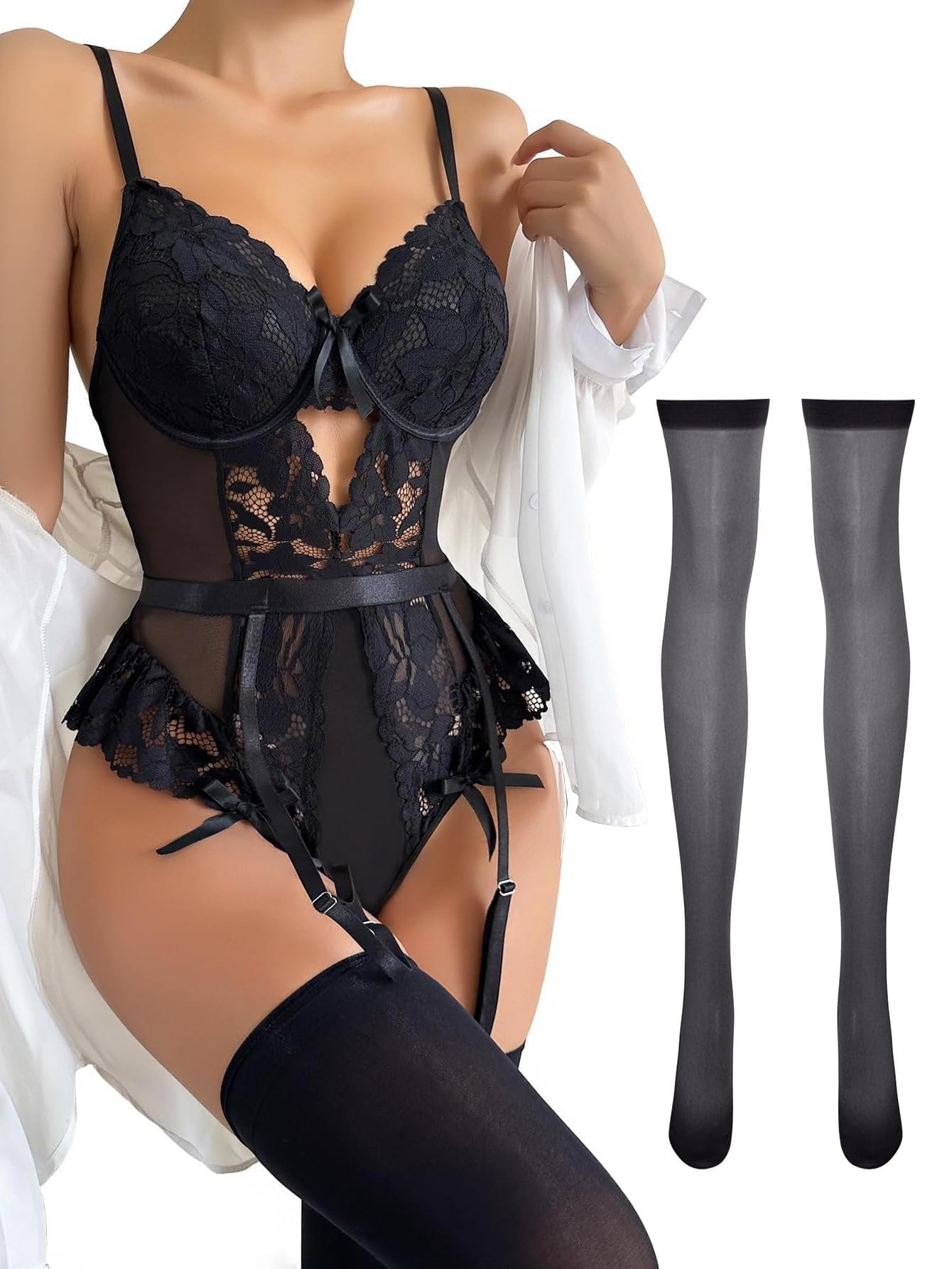Lilosy Sexy Stocking Lace Mesh Bodysuit Top Underwire Garter Lingerie Set 3 Piece: Small Black
