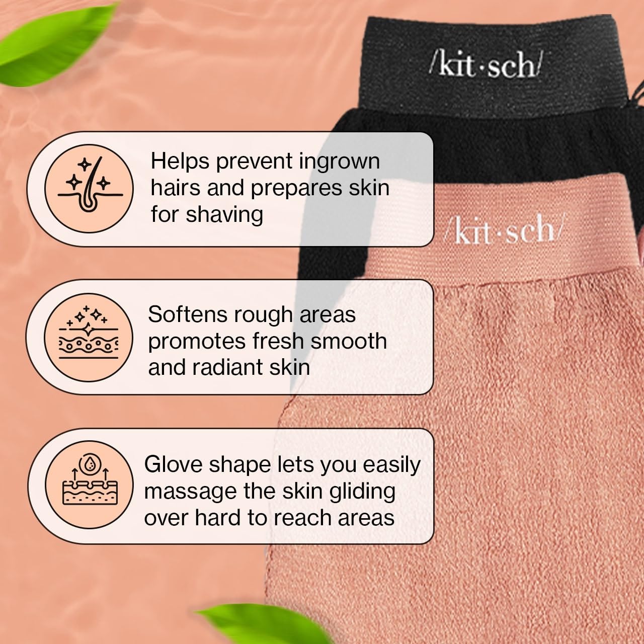 Kitsch Deep Exfoliating Glove, Eco Friendly Exfoliating Body Scrubber, Dead Skin Remover and Body Scrub Mitt for Skin Cell Renewal, for Shower and Bath, Black & Terracotta - 2pcs