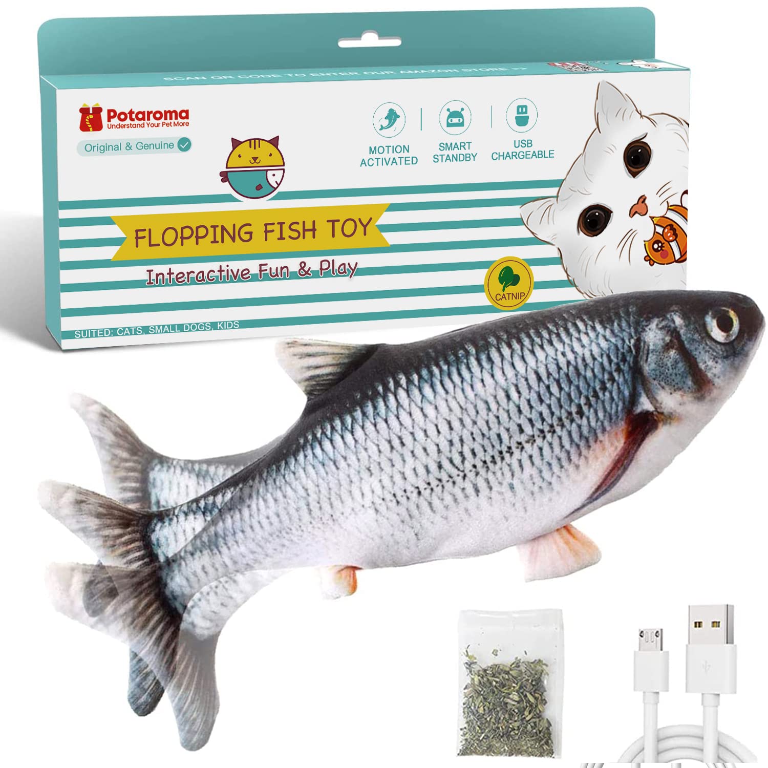 Potaroma Cat Toys Flopping Fish with Catnip, Moving Kitten Kicker, Floppy Wiggle  for Small Dogs, Interactive Motion Kitty Exercise, 10.5 Inches