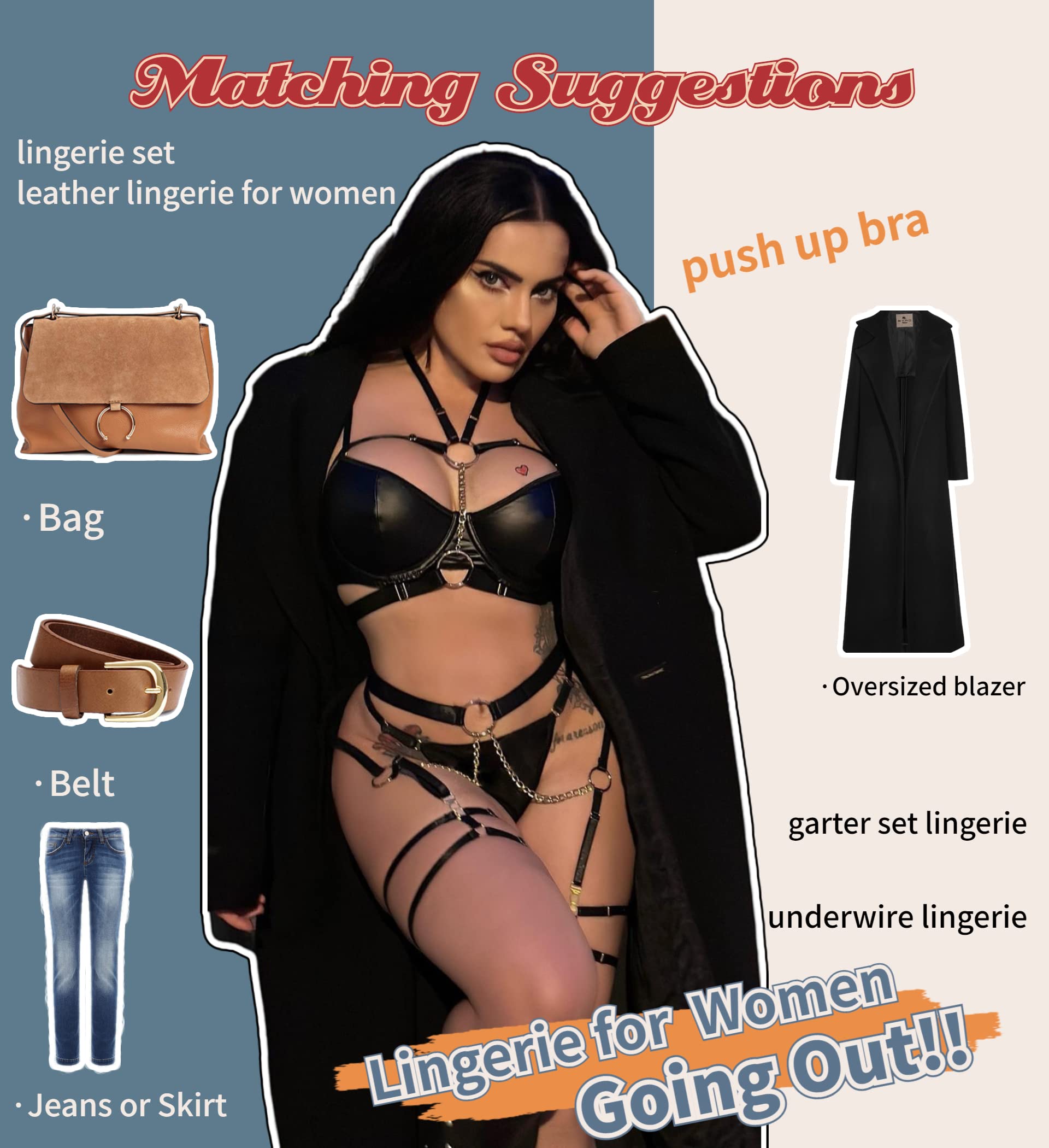 Avidlove Lingerie Set for Women Sexy Strappy 5 Piece Lingerie Garter with Underwire Push Up Bra and Chain: Large Black