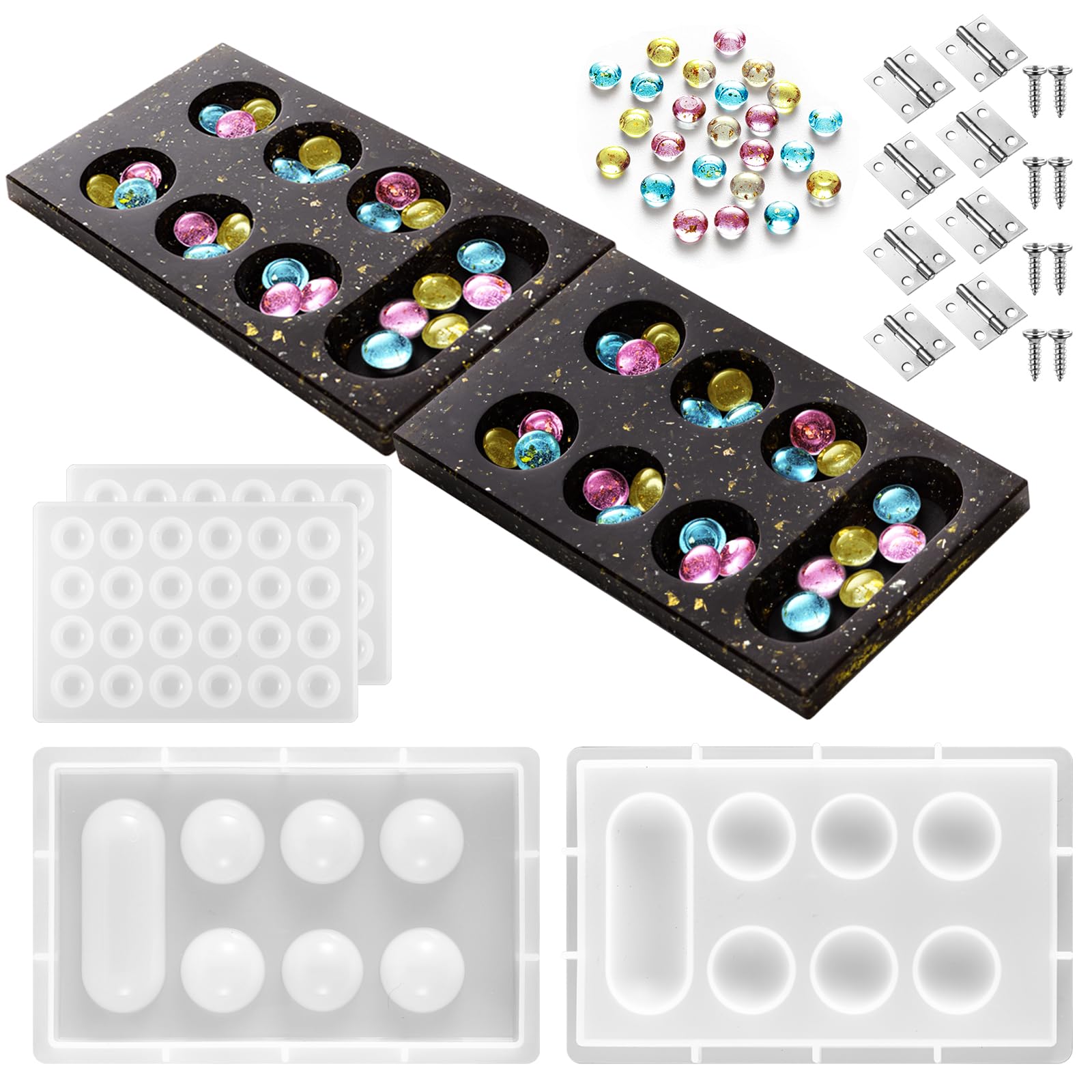Zhehao Mancala Board Game Molds Set Epoxy Silicone Resin Molds Kit with 2 Pcs Mancala Stones Molds 4 Pcs Metal Mancala Accessories Mancala Board Resin Game Molds for Gifts DIY Family Party Board Games