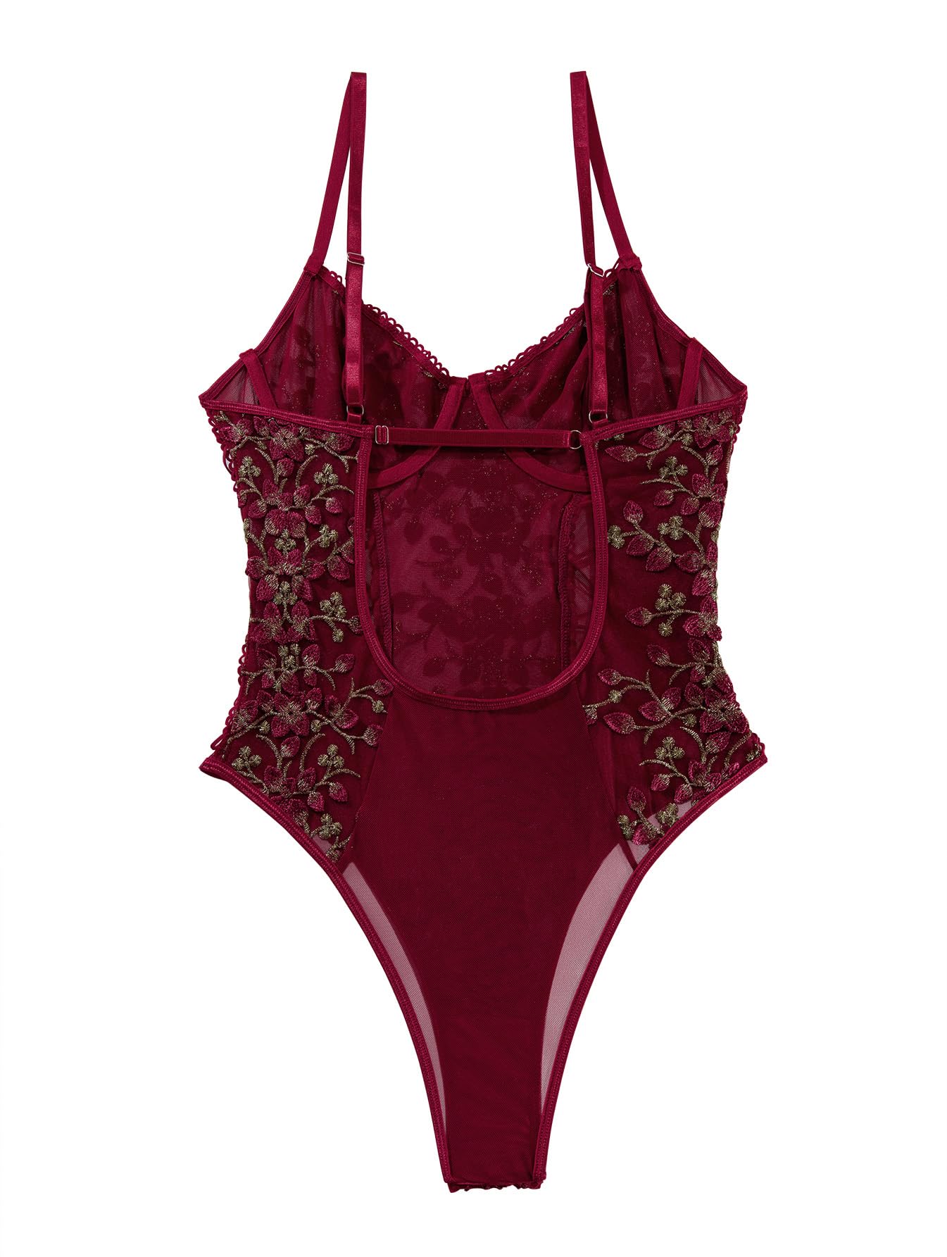 Lilosy Women Sexy Lace Up Floral Embroidered Teddy Lingerie Bodysuit Top Mesh Sheer One Piece: Small Burgundy