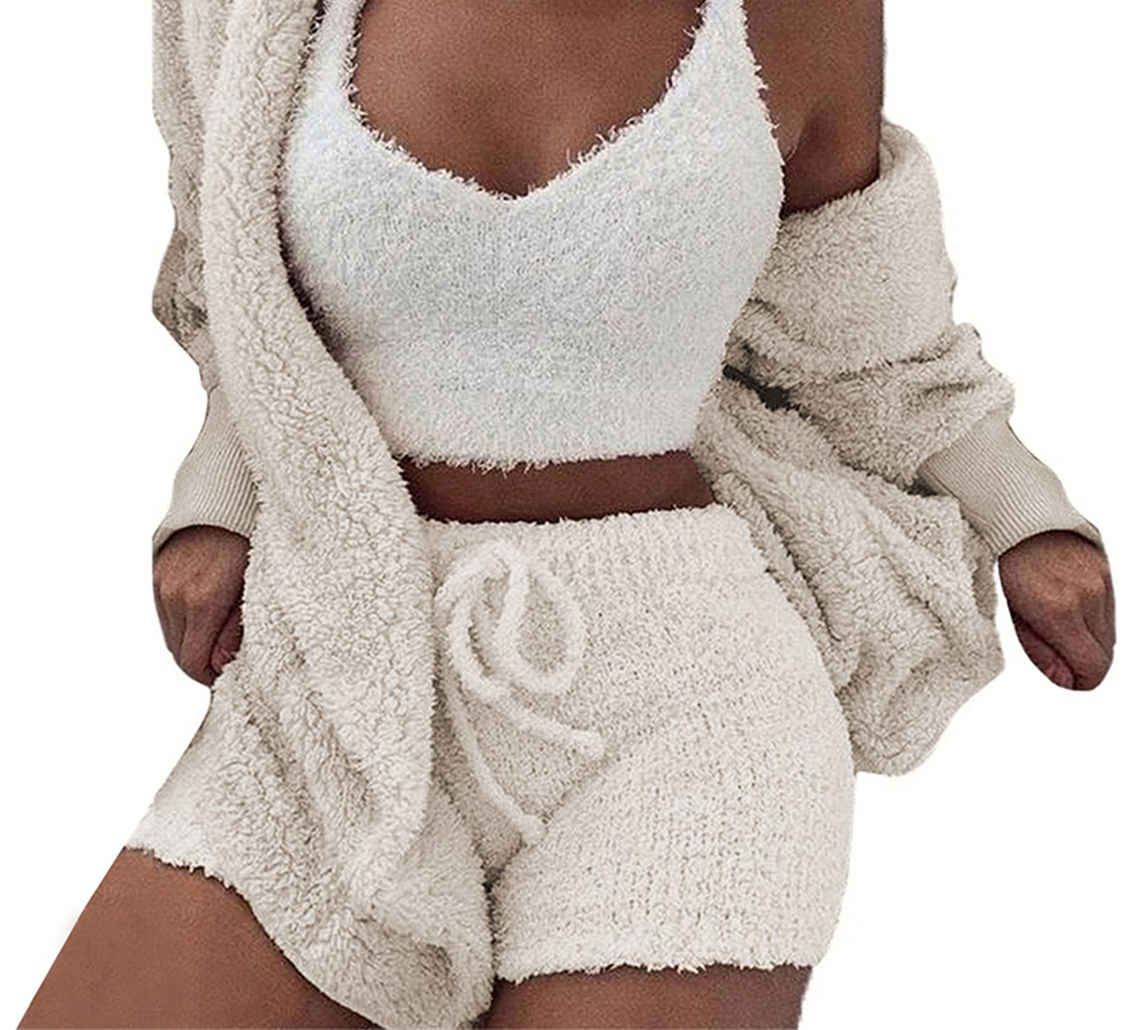 Famnbro Women's Sexy Fuzzy 3 Piece Outfits Fleece Warm Hooded Cardigan Crop Top Shorts Set Pajamas Loungewear