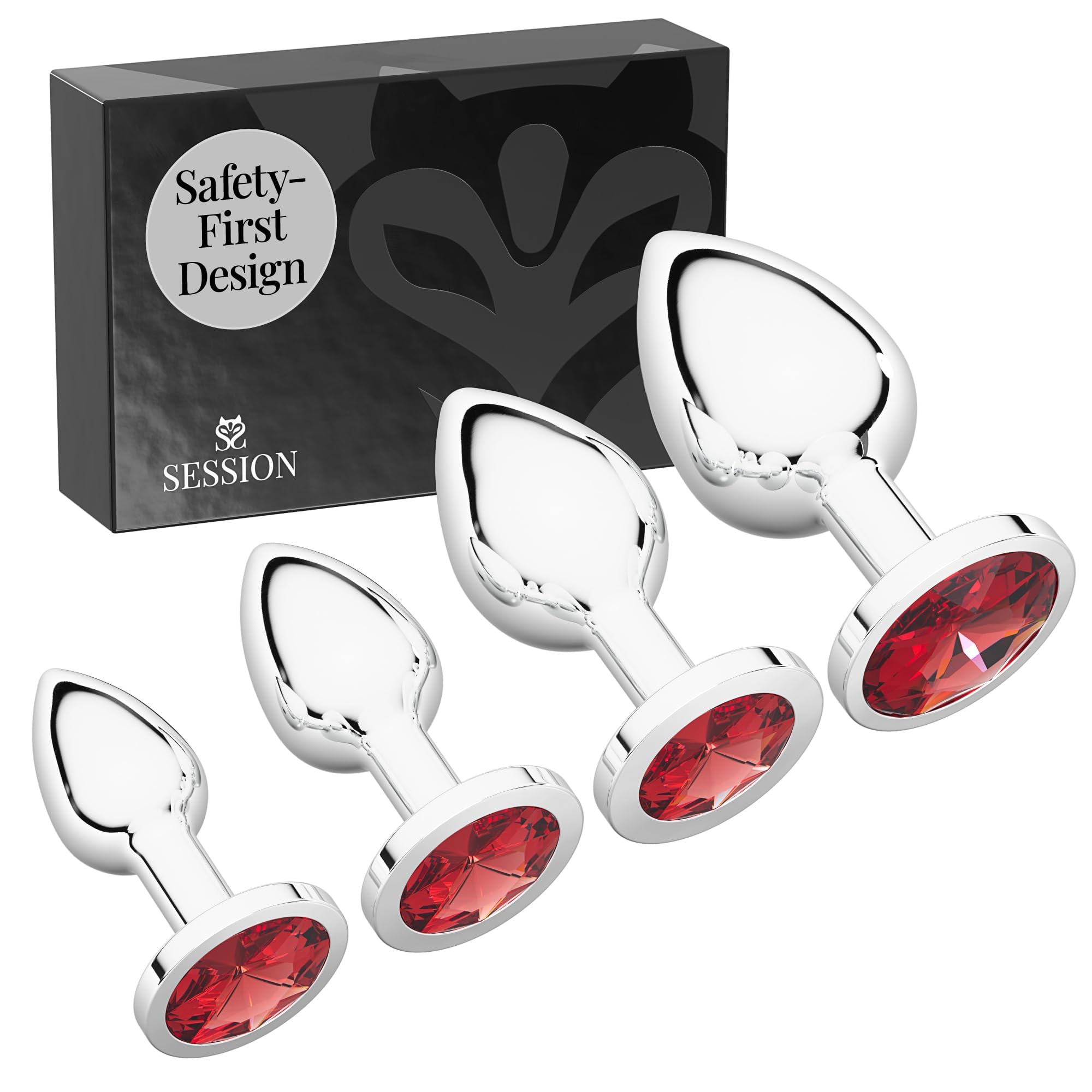 Session Jewel Butt Plug Beginner 4 Piece Set - Extra Small, Small, Medium, Large - Wide Base Prevents Slippage - Metal Anal Sex Adult Toy for Men & Women - Heart Shaped Charm (Silver & Red): Silver &amp; Red Circle Shaped Charm