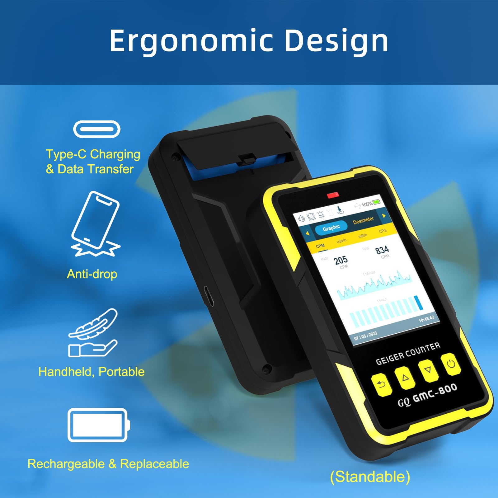 Nuclear Radiation Detector GQ GMC-800 Geiger Counter USA Design Product US National Standard Large Color LCD Display 5 Alarm Types Dosimeter Data Save & Global Share Beta Gamma X-ray Portable Device