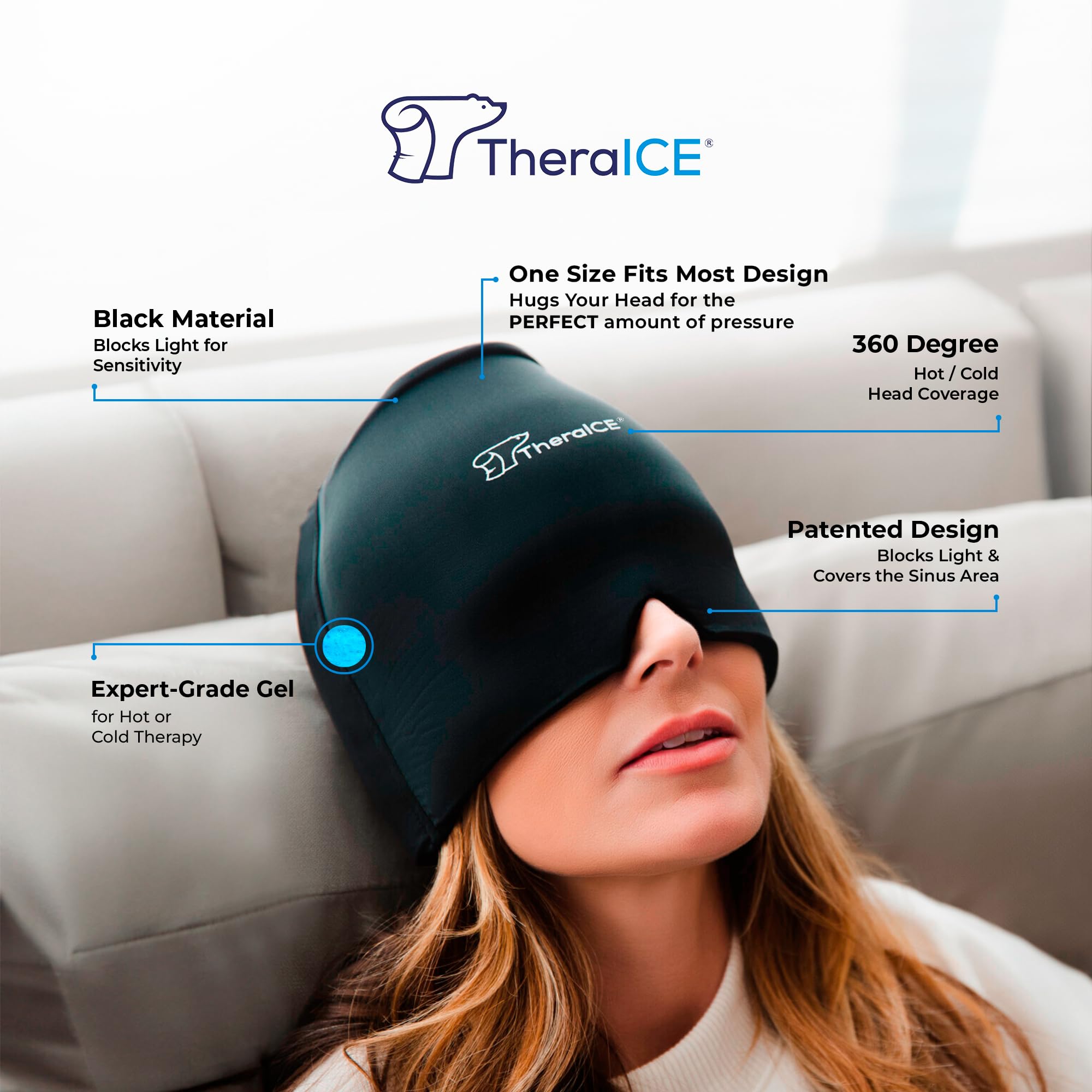 TheraICE Migraine Relief Cap, Soothing Headache Hat Ice Pack Mask, Face Cold Compress Cooling Gel Head Wrap Products for Tension, Stress & Hangover: Original Black 1.0