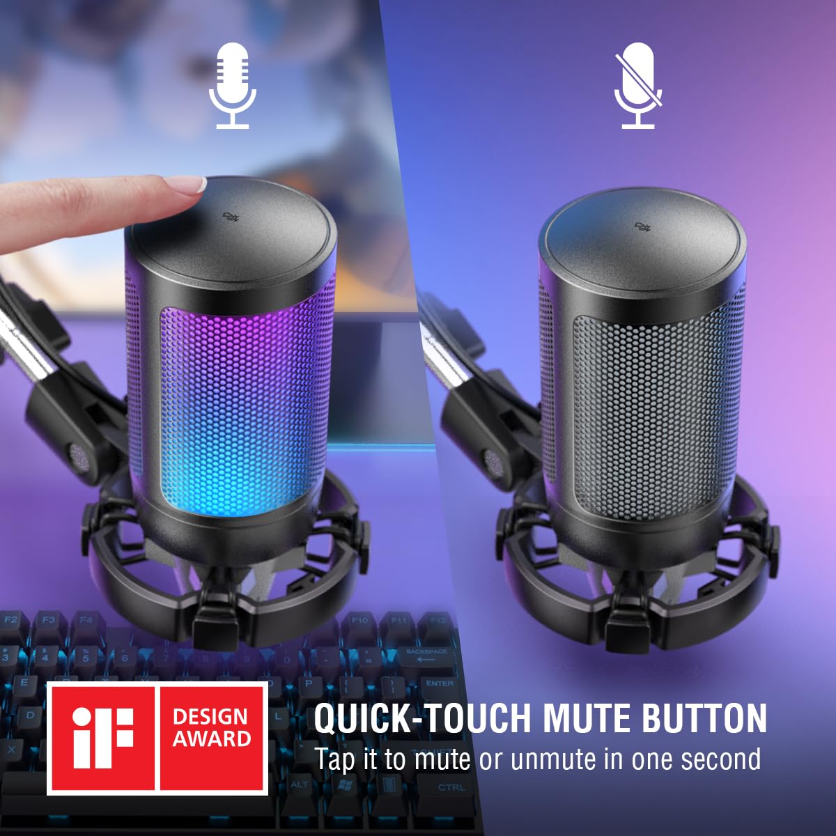 FIFINE Gaming PC USB Microphone, Podcast Condenser Mic with Boom Arm, Pop Filter, Mute Button for Streaming, Twitch, Online Chat, RGB Computer Mic for PC Gamer Youtuber-AmpliGame A6T thumbnail 3