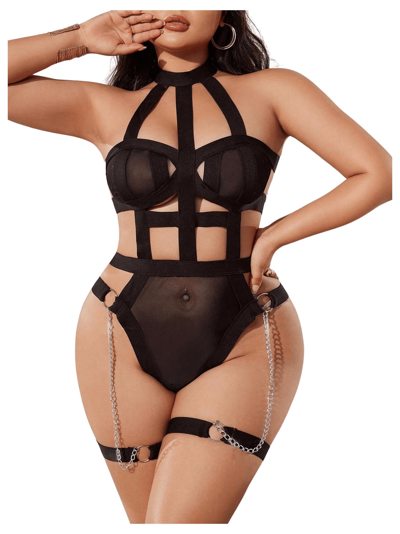 OYOANGLE Women's Plus Size Strappy Harness Cut Out Halter Teddy Bodysuits Garter Babydoll Lingerie