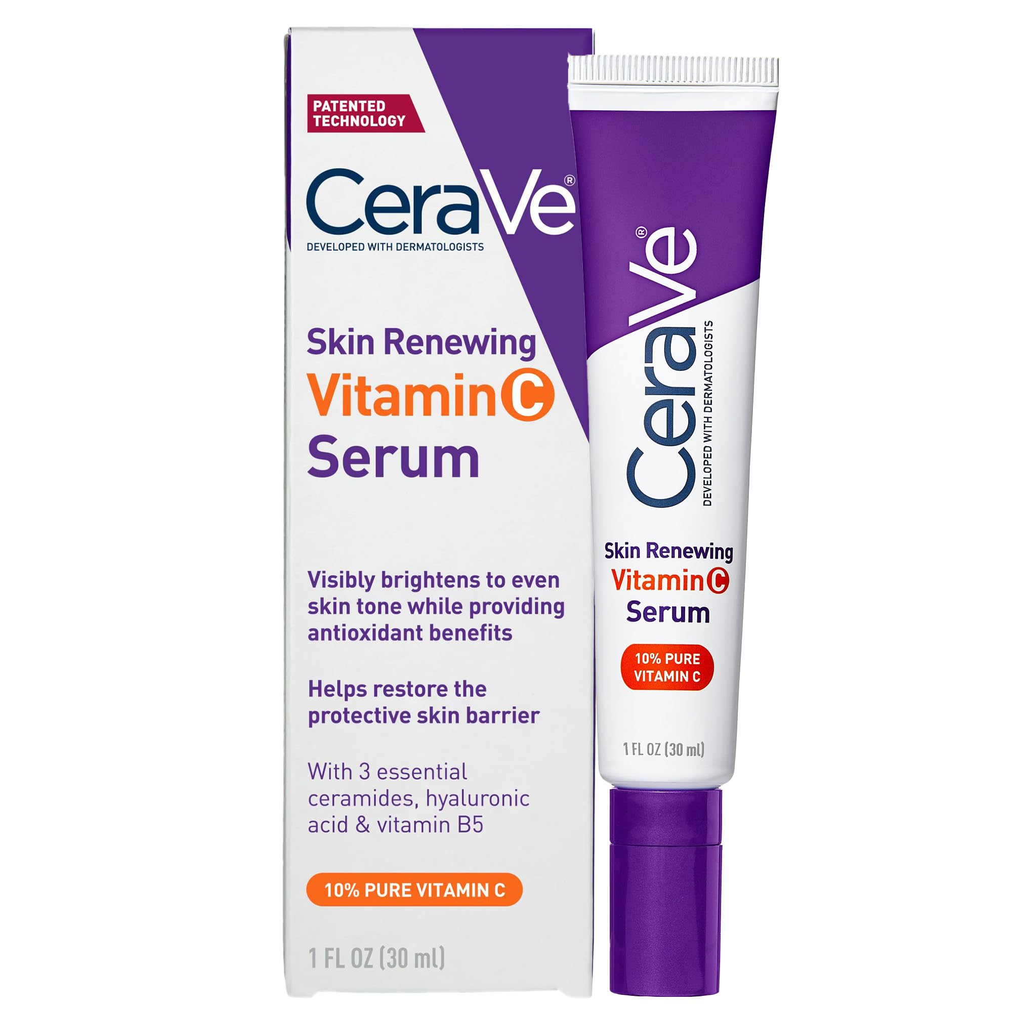 CeraVe Vitamin C Serum with Hyaluronic Acid, Skin Brightening Serum for Face with 10% Pure Vitamin C, Fragrance Free, 1 Fl. Oz: 1 Fl Oz (Pack of 1)