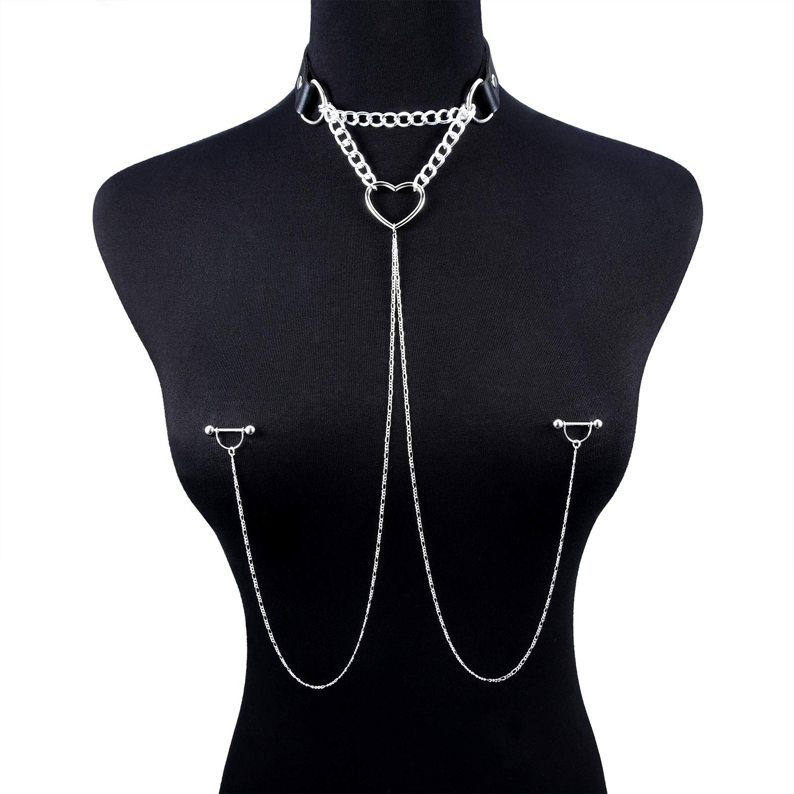 JFORYOU Nipple Ring with Choker Necklaces Stainless Steel Nipple Rings Chain Heart Cat Head Punk Chokers for Women Nipple Barbell Piercing Jewelry: JFORYOU Nipple Ring with Choker Necklaces Stainless Steel Nipple Rings Chain Heart Cat Head Punk Chokers for Women Nipple Barbell Piercing Jewelry