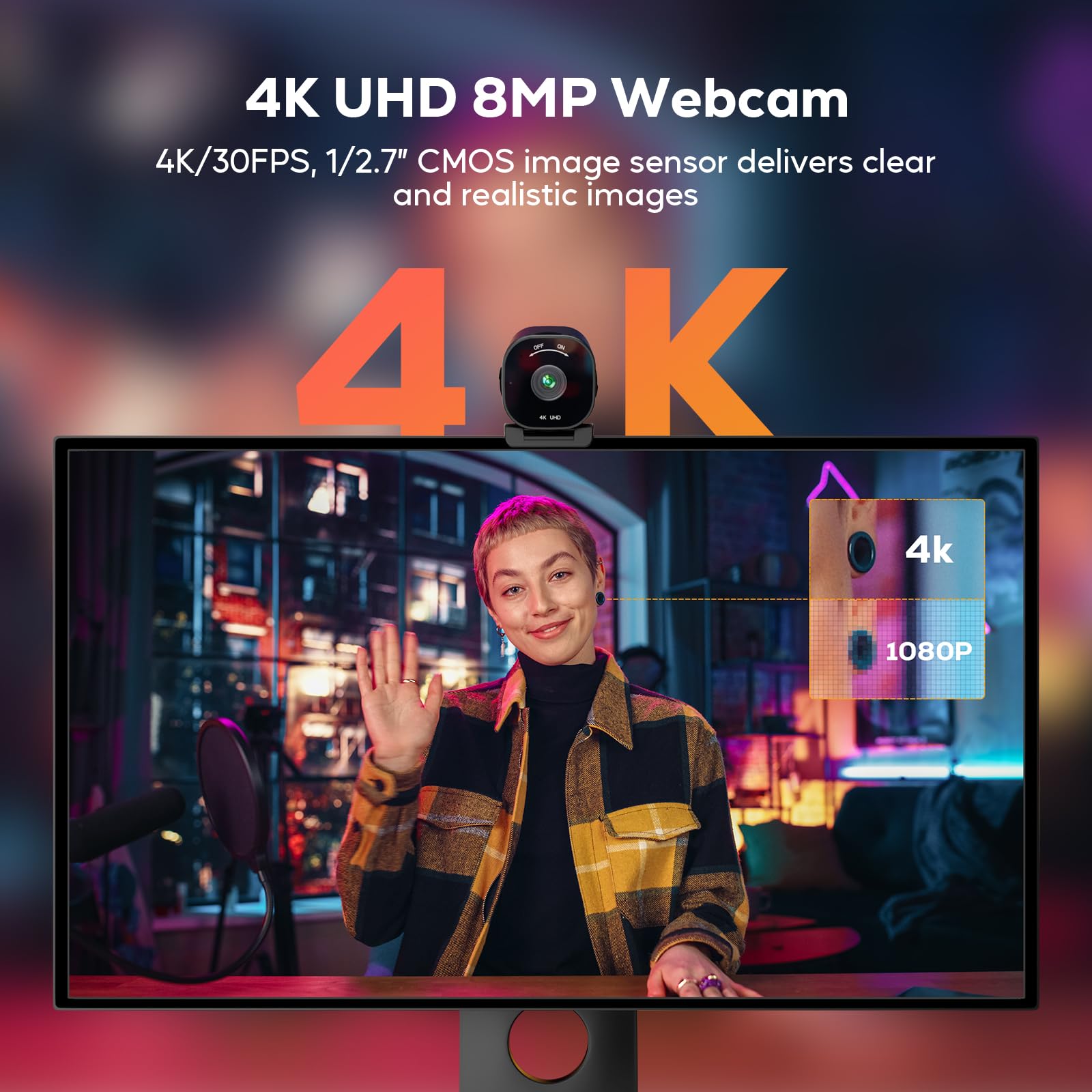 Nisheng 4K Webcam, Streaming Camera for PC with 2 Noise-Canceling Microphones, USB Webcam for Laptop, Built-in Privacy Cover, Plug & Play Camera for Zoom, Teams, Streaming, and Gaming Recording