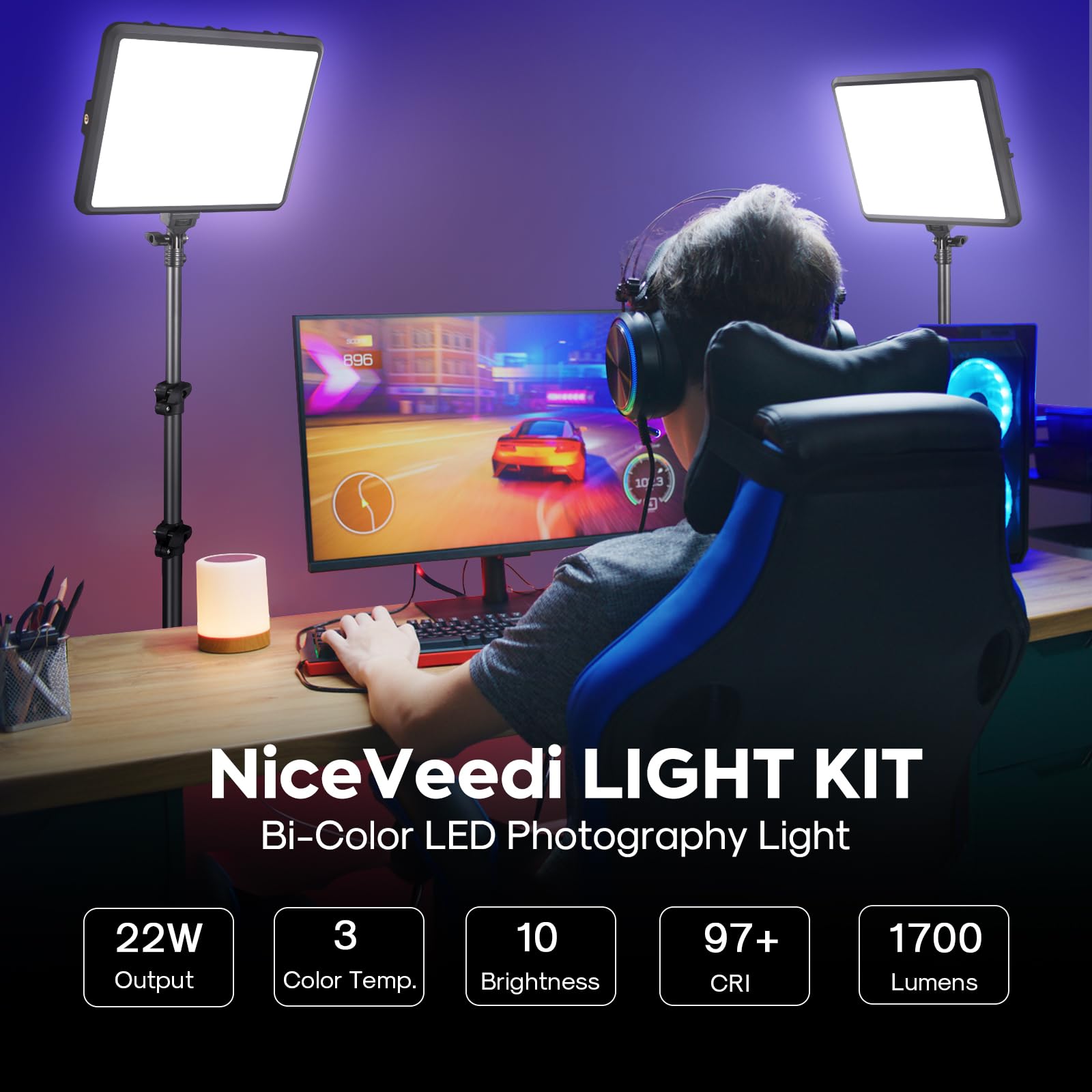 2-Pack Photography Lighting Kit, NiceVeedi 22W LED Video Light Kit, 2900-7000K Dimmable Studio Light with Tripod Stand, 73" Stream Light for Video Recording: 2-Pack Photography Lighting Kit, NiceVeedi 22W LED Video Light Kit, 2900-7000K Dimmable Studio Light with Tripod Stand, 73" Stream Light for Video Recording