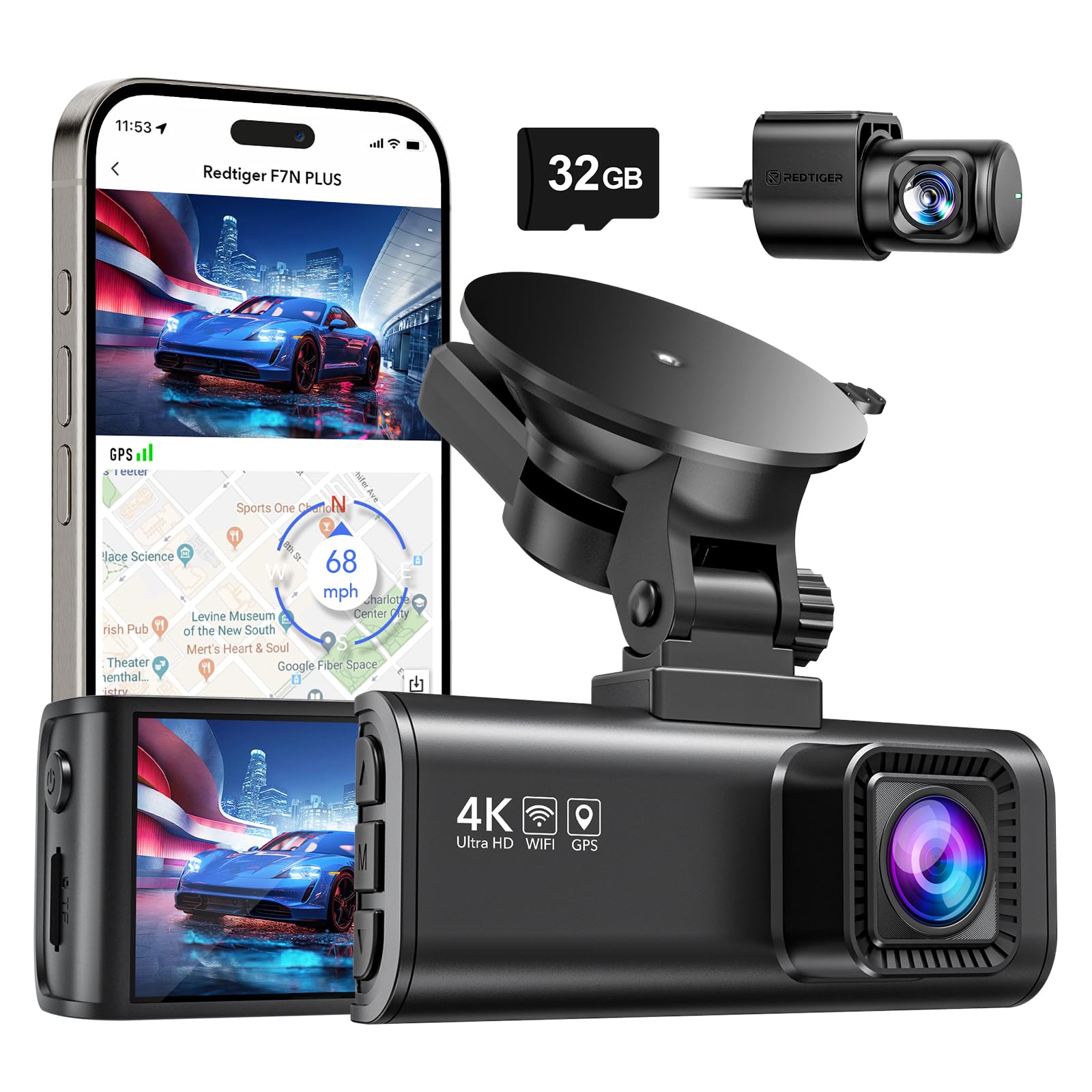 REDTIGER Dash Cam Front Rear, 4K/2.5K Full HD Dash Camera for Cars, Included 32GB Card, Built-in Wi-Fi GPS, APP Control, 3.18" IPS Screen, Night Vision, Wide Angle, WDR, 24H Parking Mode(F7NP)