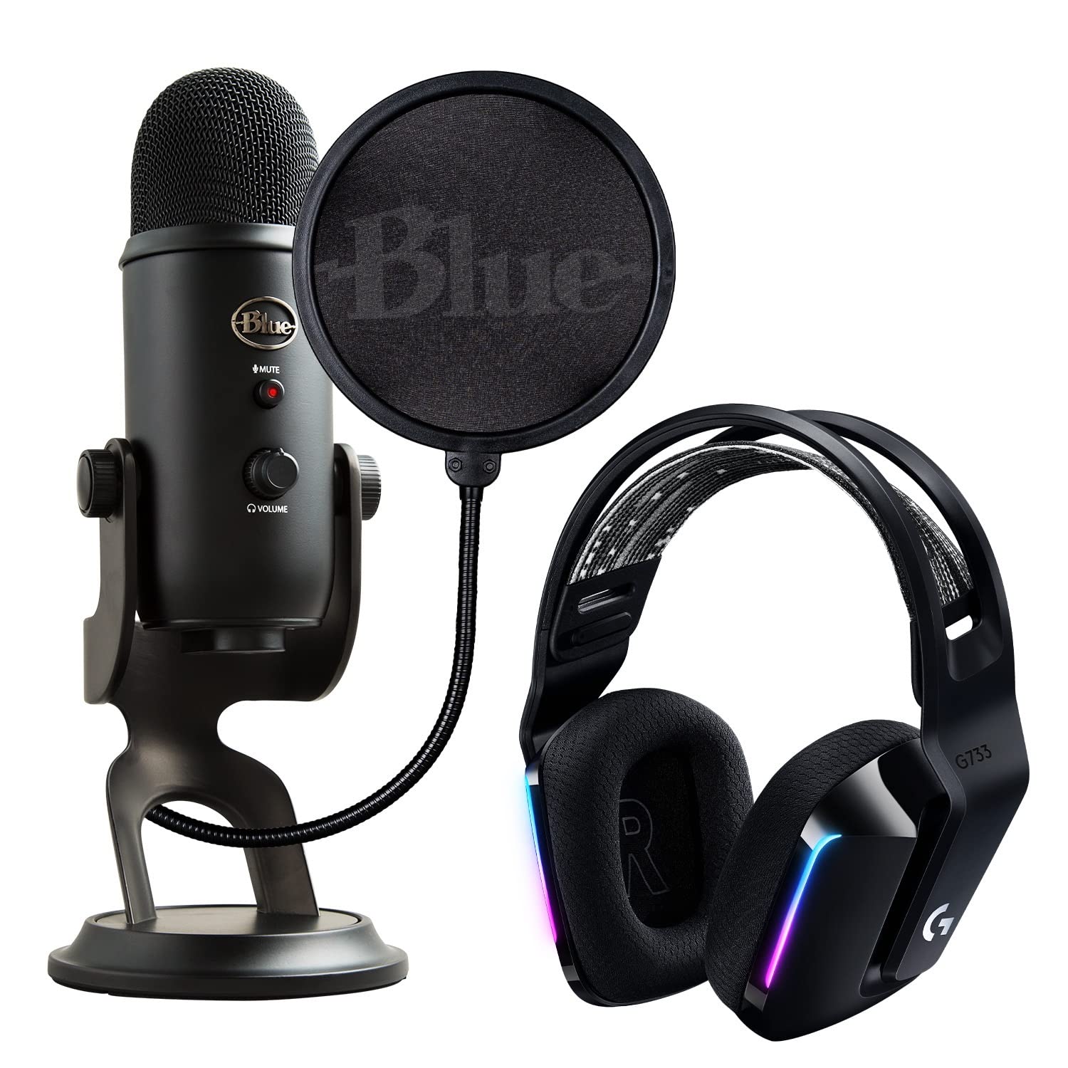 Logitech Creators Blue Yeti USB Microphone for Gaming, Streaming, Podcast, YouTube, Discord, PC, Studio Sound, Plug & Play-Blackout: Blue Yeti Game Streaming Kit with Yeti USB Gaming, Podcast Mic, Pop Filter, PC/Mac/PS5 + G733 Lightspeed Wireless Gaming Headset with Suspension Headband, Lightsync RGB, and PRO-G audio - Blackout
