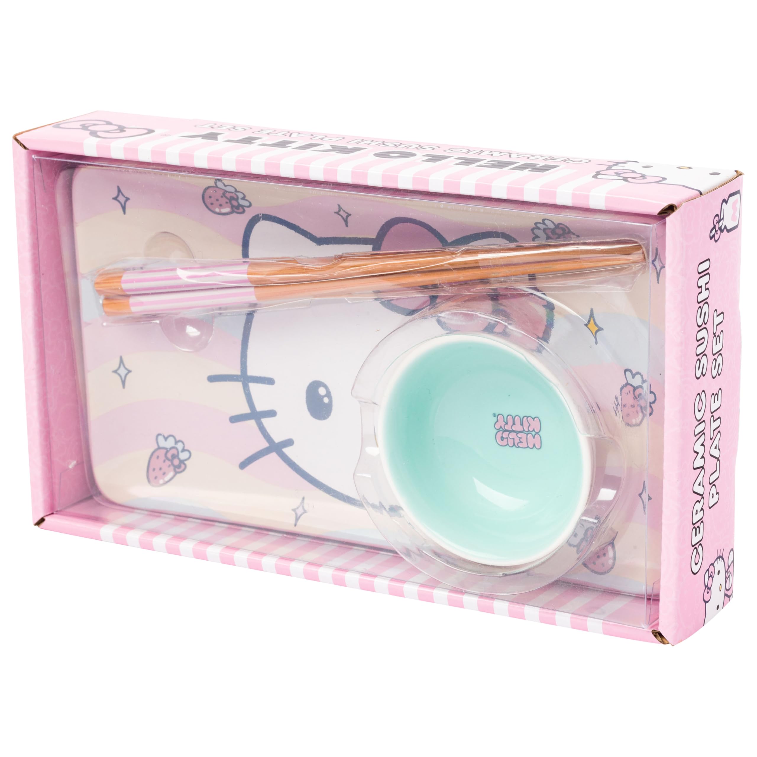 Silver Buffalo Sanrio  Kawaii Ceramic Sushi Set with Dipping Sauce Dish and Matching Chopsticks: Hello Kitty Strawberries and Bows