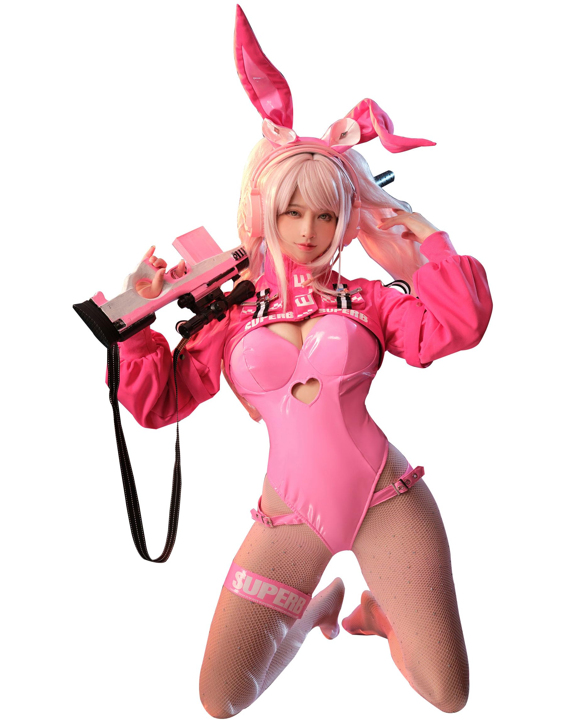 Mobbunny Anime Derivative Bunny Cosplay Costume With Jacket Headband Fishnet Stockings Bunny Bodysuit: Small