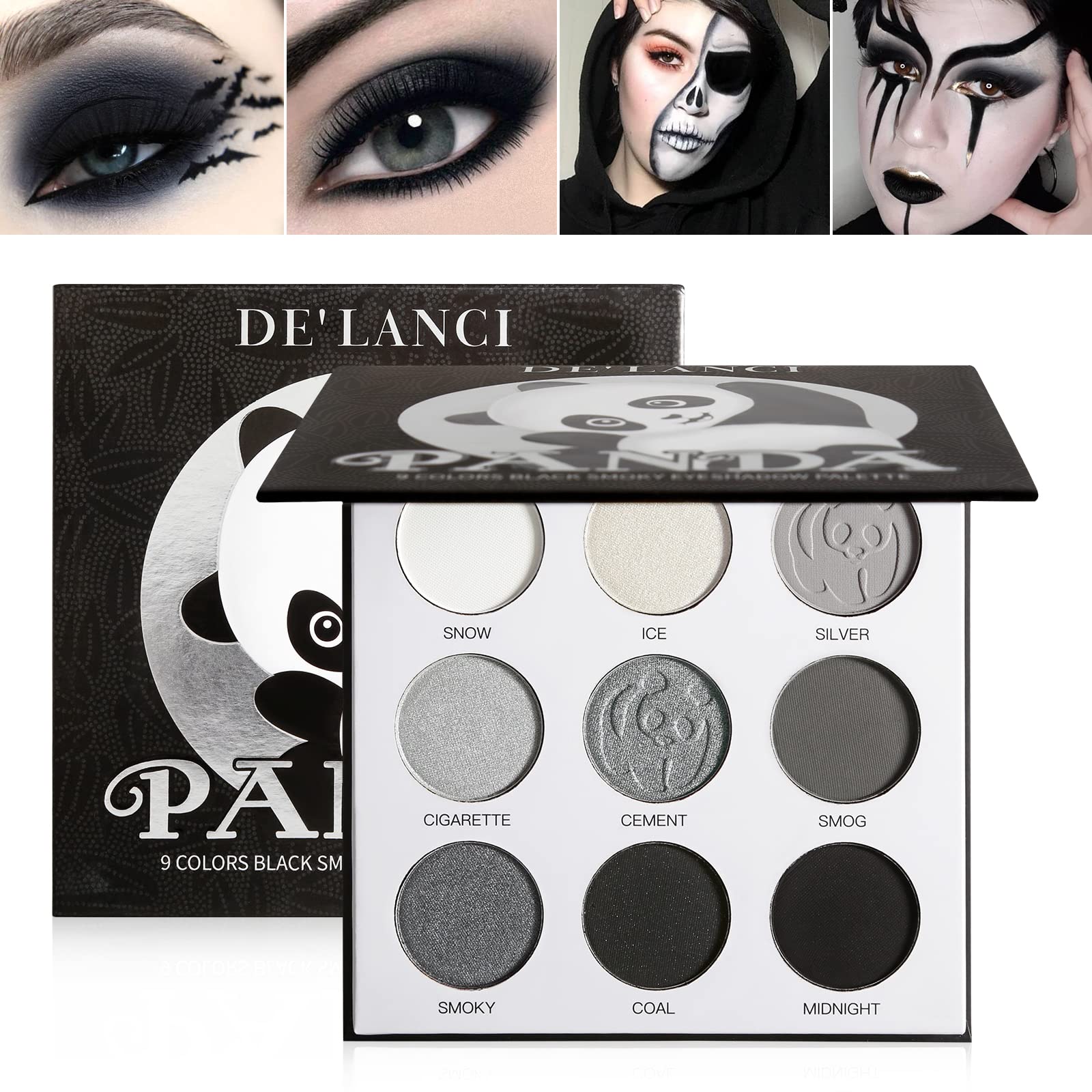 ecofavor Black Smoky Eye shadow Palette, DE’LANCI PANDA 9 Colors True Black Dark Grey Smokey Goth Makeup Pallet, 9 Soft Matte Shimmer High Pigmented Basic Black White Gray Shade for Halloween: 9 Color Black Eyeshadow Palette