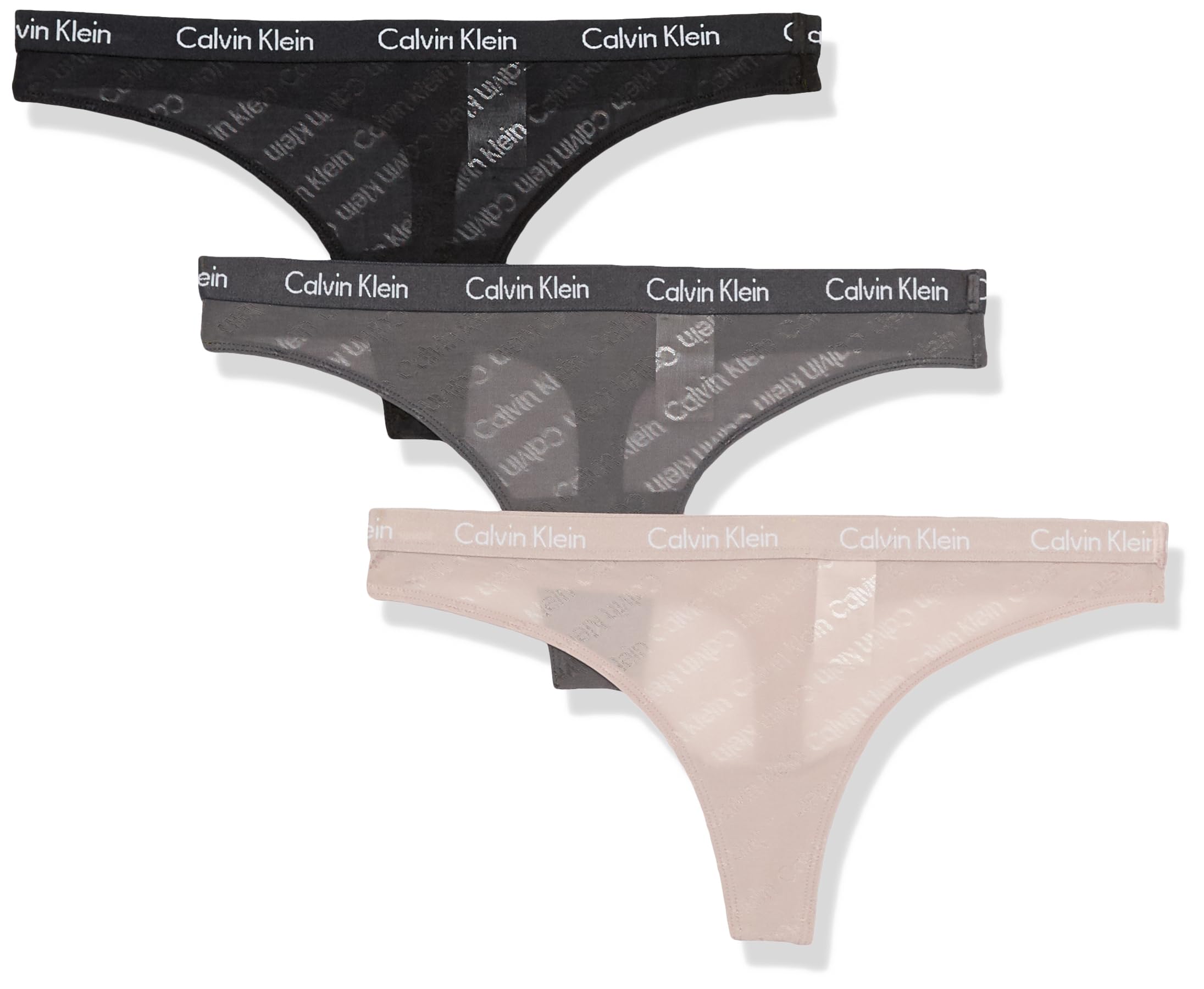 Calvin Klein Women's Carousel Logo Cotton Stretch Thong Panties, 3 Pack: Black/Ashford Grey/Fresh Taupe Large