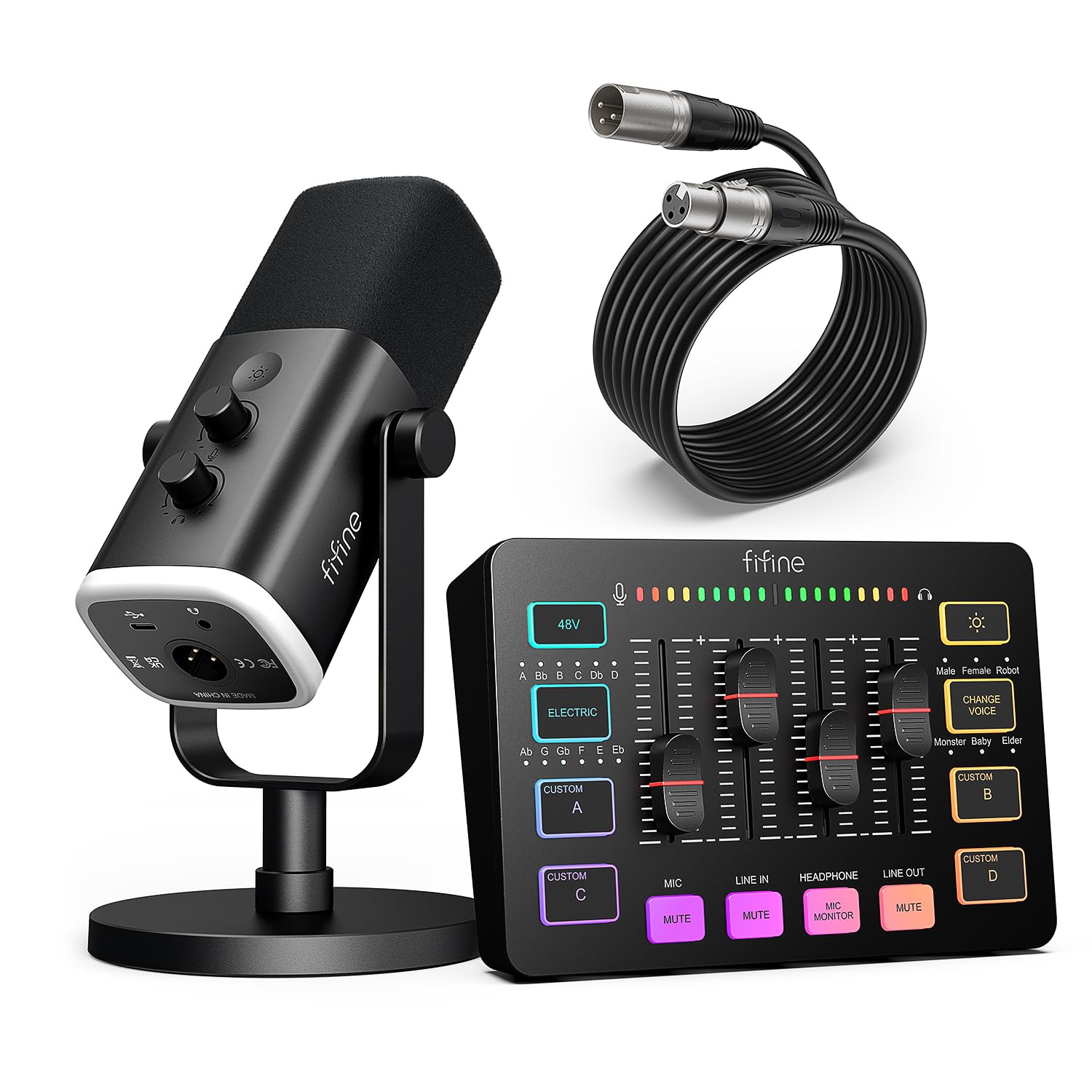 FIFINE Gaming Equipment Bundle, Dynamic XLR/USB Gaming Microphone Set with Streaming Audio Mixer for Podcast Recording Video Vocal, RGB Gamer Set with Volume Fader/XLR Interface for PC-AmpliGame KS5: Black