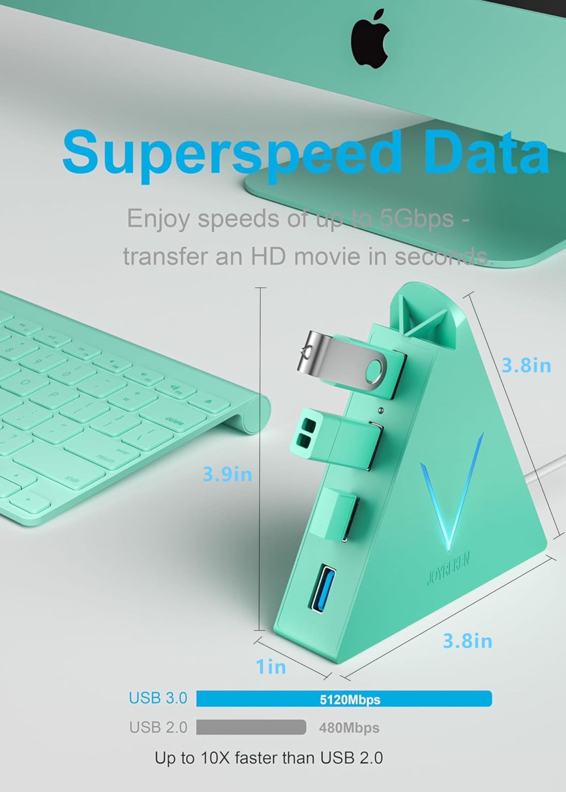 JoyReken USB 3.0 Hub,4 Port USB Hub Tower,2ft Cable USB Splitter for PC, Xbox One, PS4, PS5, iMac, Surface Pro, XPS, Laptop, Desktop, Flash Drive, Mobile HDD (Green)