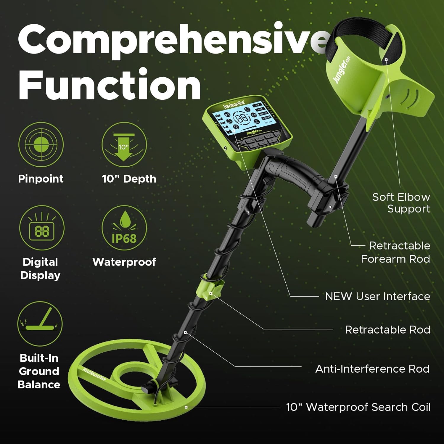 Hazlewolke Metal Detector for Adults, 5 Professional Mode with Higher Accuracy 10” Waterproof Coil for Gold Detecting: Green-Rechargeable