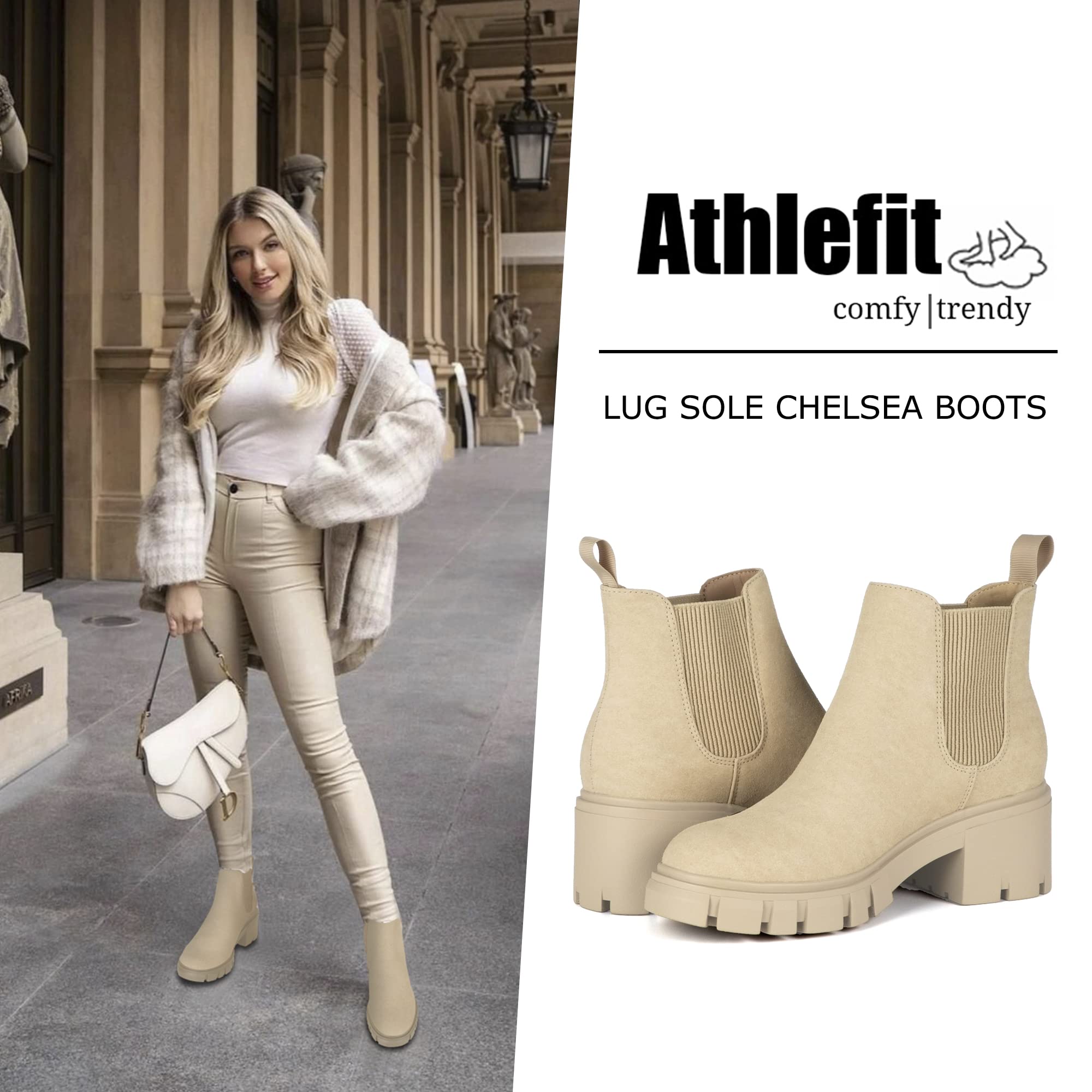 Athlefit Women's Chelsea Boots Fashion Lug Sole Chunky Heel Slip on Elastic Ankle Booties