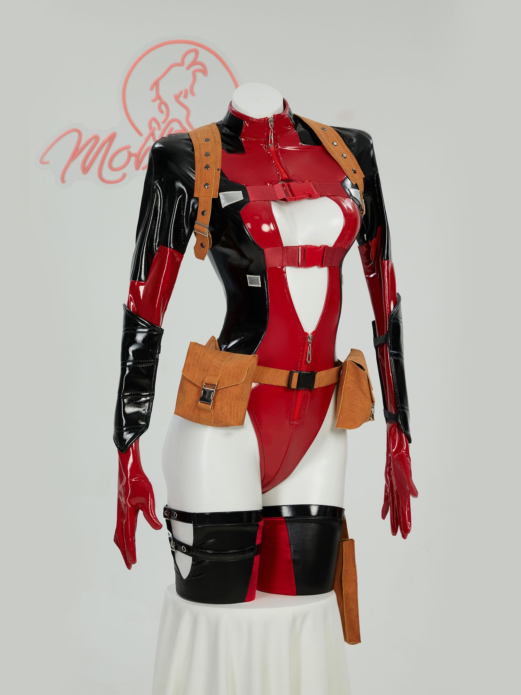 Mobbunny Movie Derivative Cosplay Costume for Women Bodycon Outfit Sexy Cutout Bodysuit with Holster Waist Bag and Socks: Small