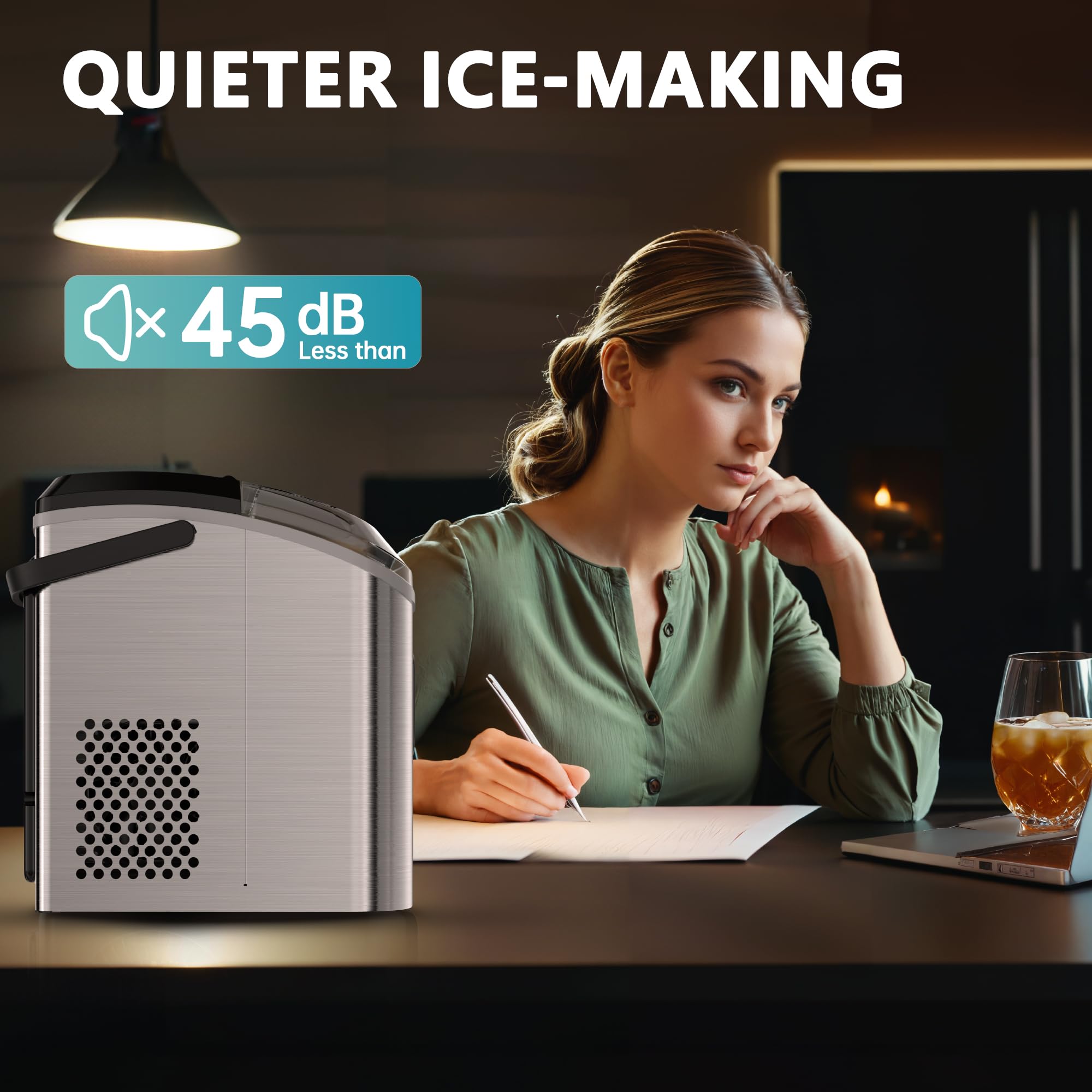 EUHOMY Nugget Ice Maker Countertop with Handle, Ready in 6 Mins, 34lbs Per Day, Removable Top Cover, Auto-Cleaning, Portable Sonic Ice Maker with Basket and Scoop, for Home/Party/RV/Camping (): Steel Light Silver