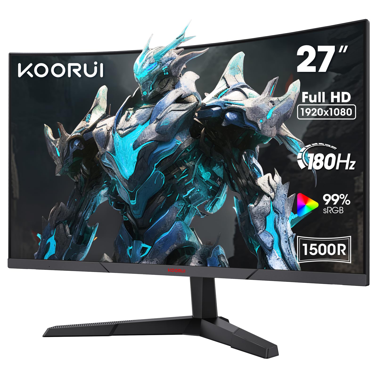 KOORUI Curved 27 Inch Gaming Monitor, Full HD 1080p R1500 180Hz VA Computer Monitor, 99% sRGB, Built-in Adaptive Sync, 1 x Display Port 1.2 & 2 x HDMI 2.0, Eye Care, VESA Compatible, Black 27E6CA