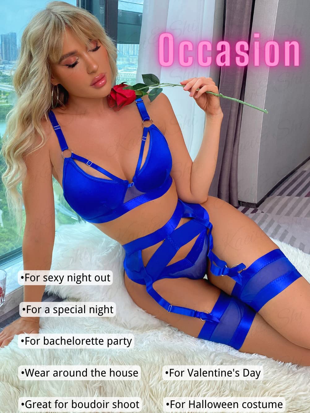 Garter Lingerie for Women,Sexy Lace Lingerie,Sheer Matching 4 Piece Lingerie Set: 16 Royal Blue