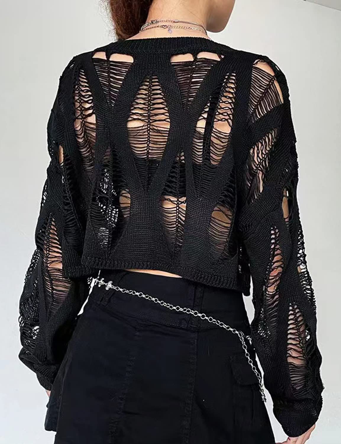 Vinsekep Women's See Through Hole Ripped Crop Tops Knit Pullover Short Sweaters: 2-black One Size