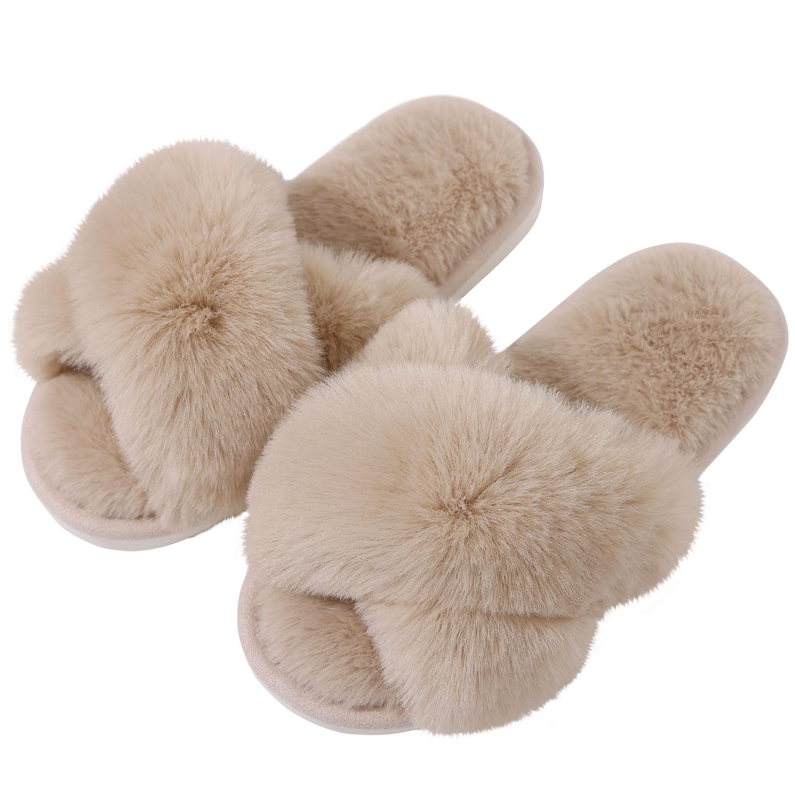 Evshine Women's Fuzzy Slippers Cross Band Memory Foam House Slippers Open Toe: 7-8 Camel