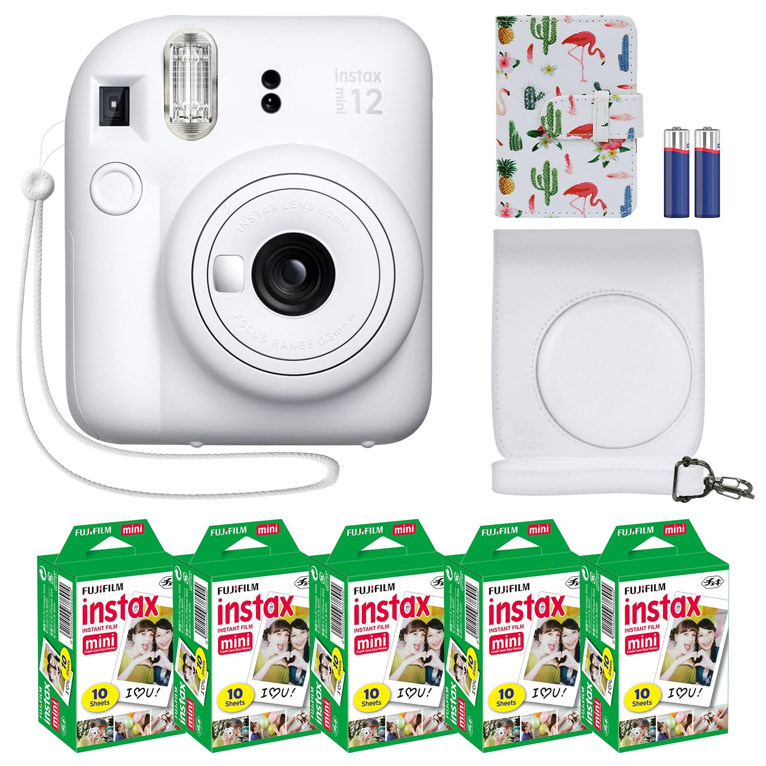 Fujifilm Instax Mini 12 Instant Camera + MiniMate Accessory Bundle & Compatible Custom Case + Fuji Instax Film Value Pack (50 Sheets) Flamingo Designer Photo Album () - Image 1