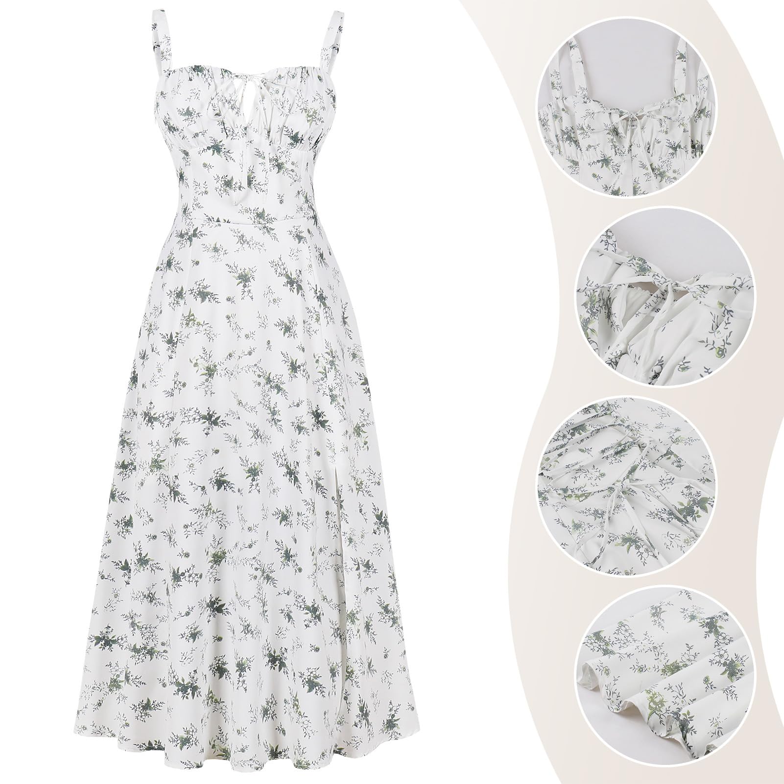 Floral Corset Dress, Formal Cocktail Dresses, Casual Sundress, Split Thigh Spaghetti Strap Vintage Dress: Medium Green Flower