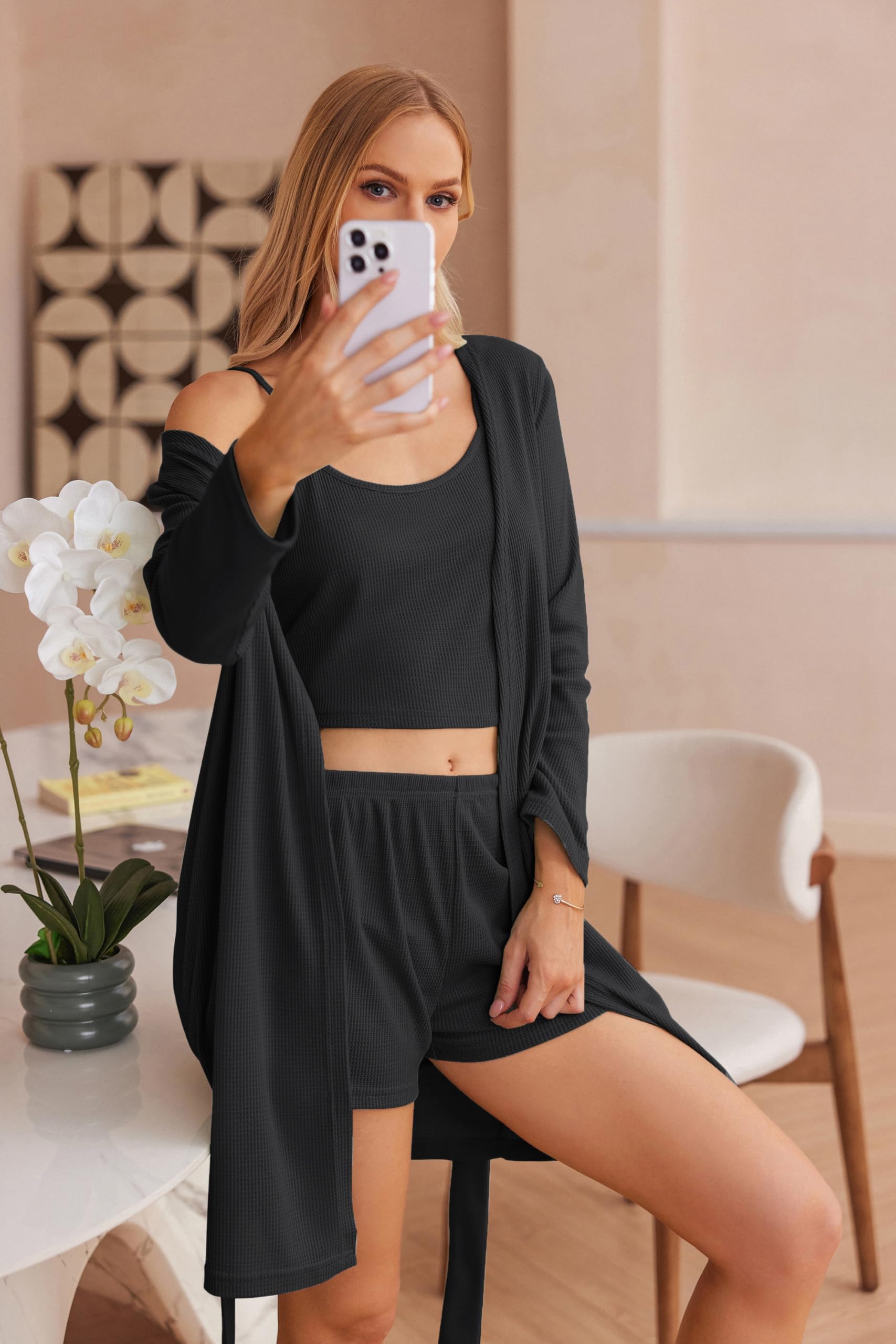 Ekouaer Womens 3 Piece Waffle Knit Lounge Set Soft Pajama Sets Tank Top and Shorts Cardigan with Pockets S-XXL: X-Large Black-xl