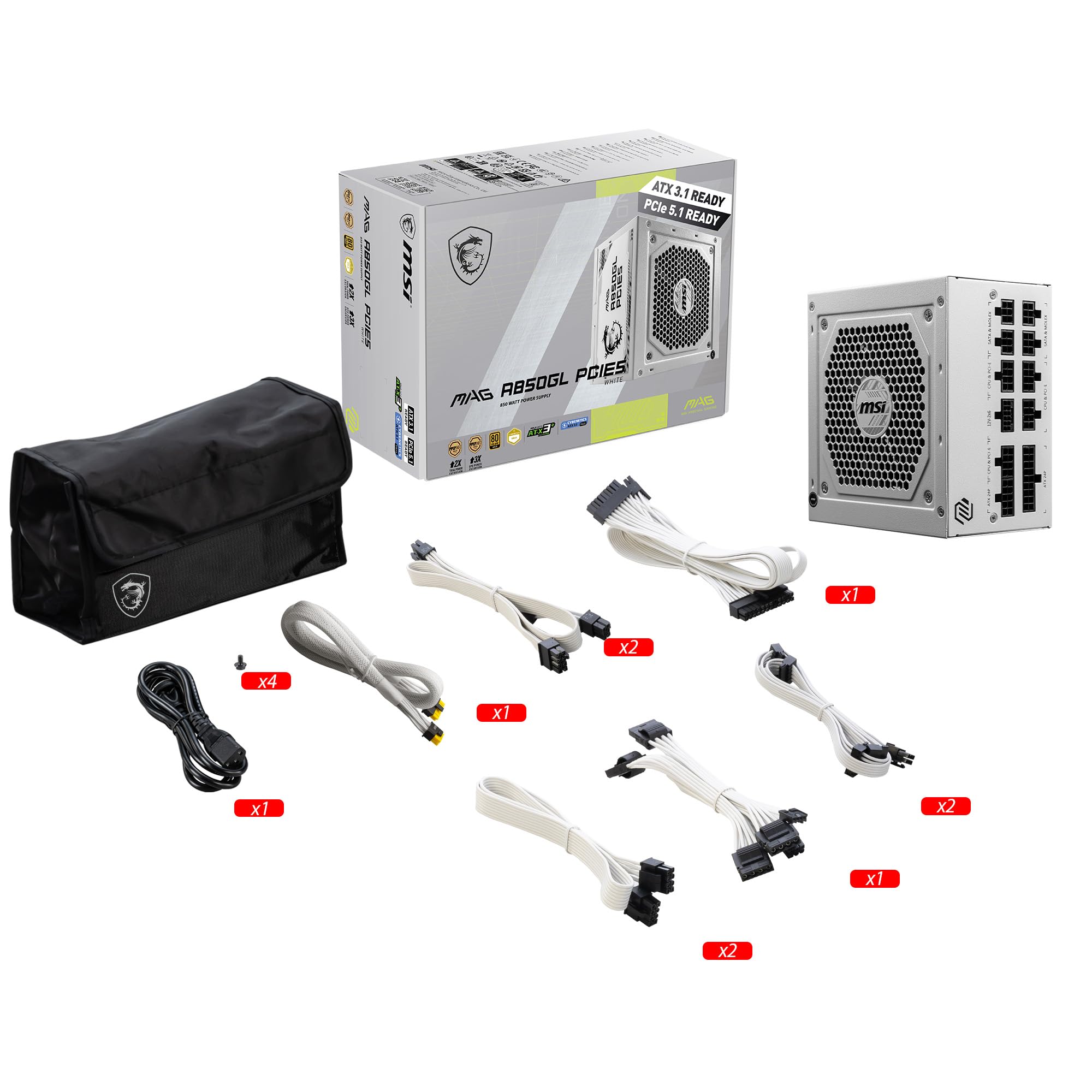 MSI MAG A750GL PCIE 5.1 & ATX 3.1 Gaming Power Supply - Full Modular - 80 Plus Gold Certified 750W - Compact Size - ATX PSU - 10 Year Warranty: MAG A850GL PCIE5 WHITE