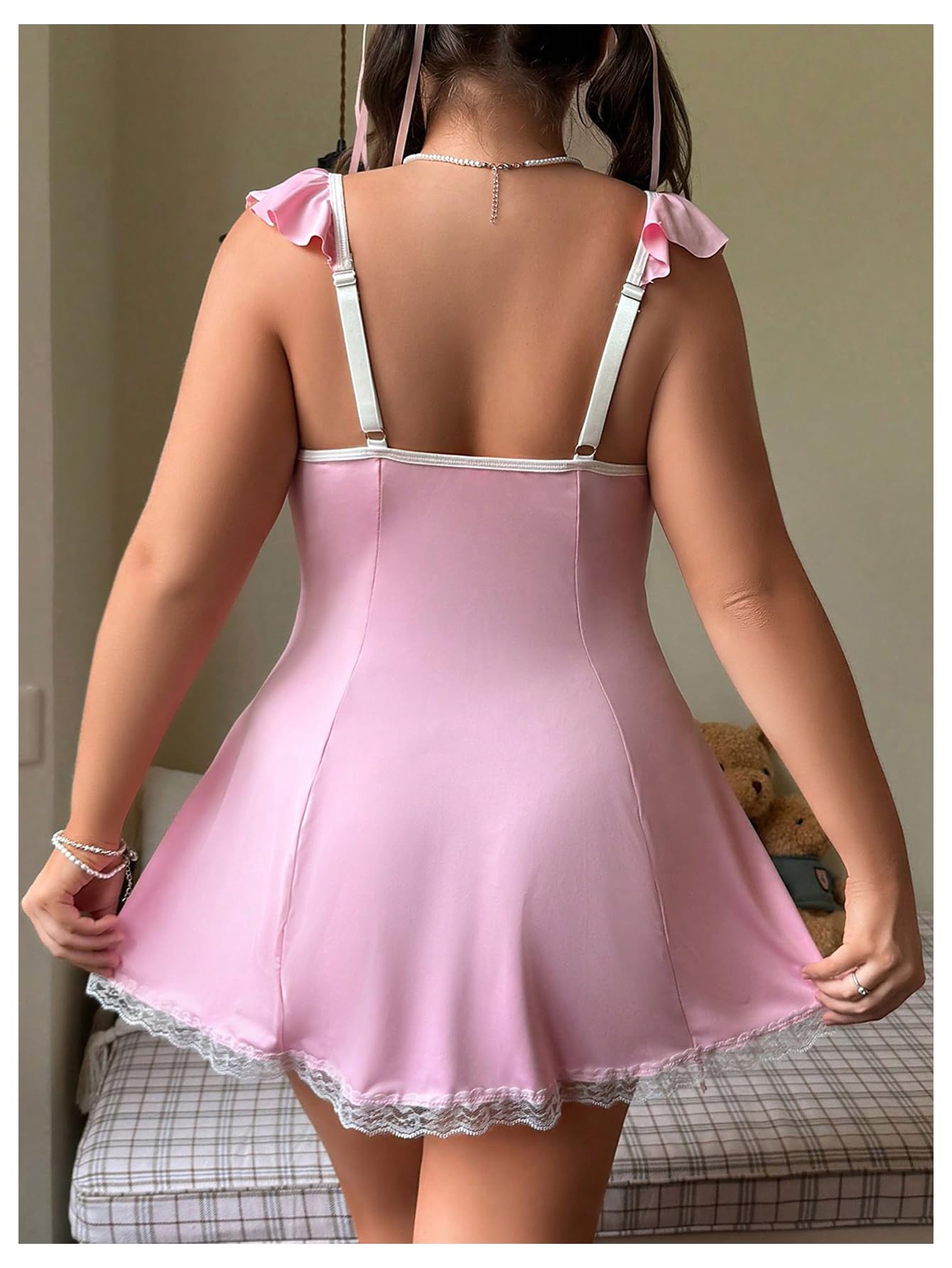 WDIRARA Women's Plus Size Nurse Costume Cosplay Zip Front Halter Lingerie Set with Headband: 4X-Large Plus Pink White