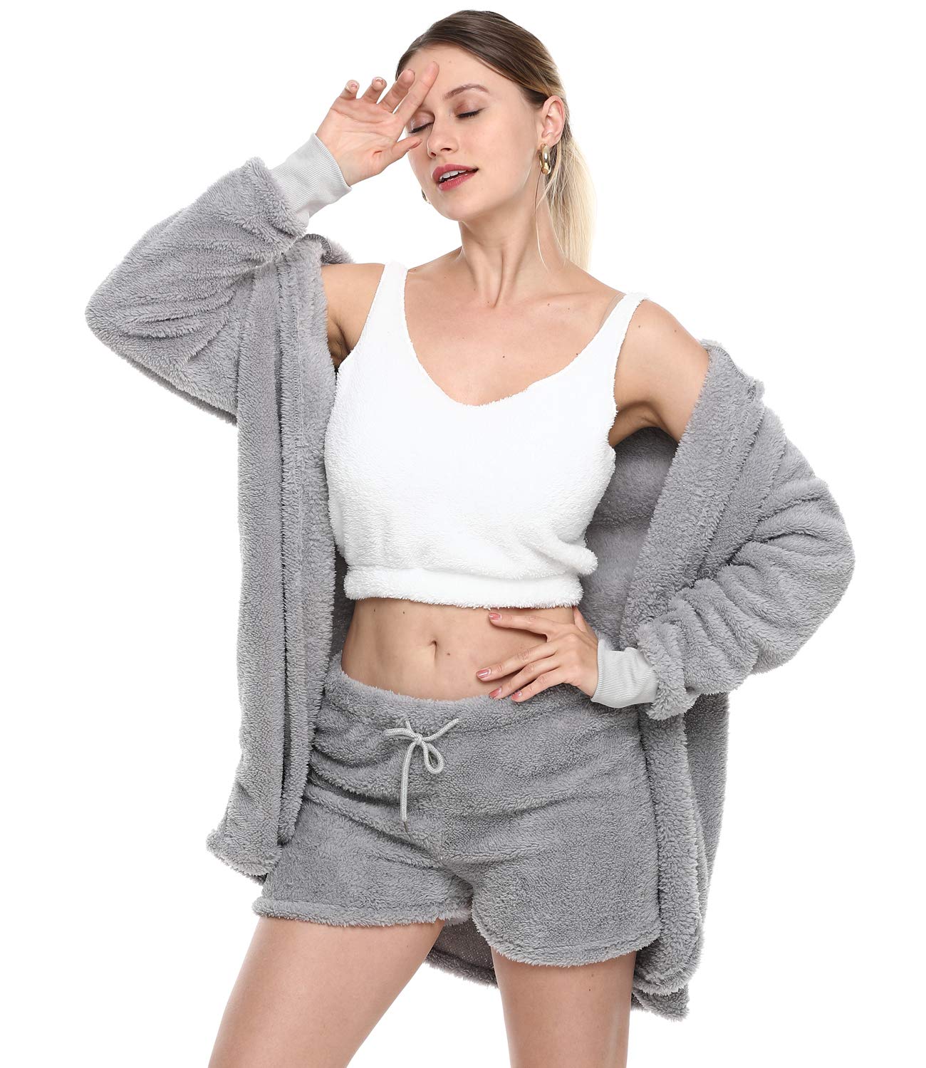 VNVNE Womens Sexy Fuzzy Warm Sherpa Fleece 3 Piece Outfit Fleece Coat Jacket Outwear and Spaghetti Strap Crop Top Shorts Set: Large Grey