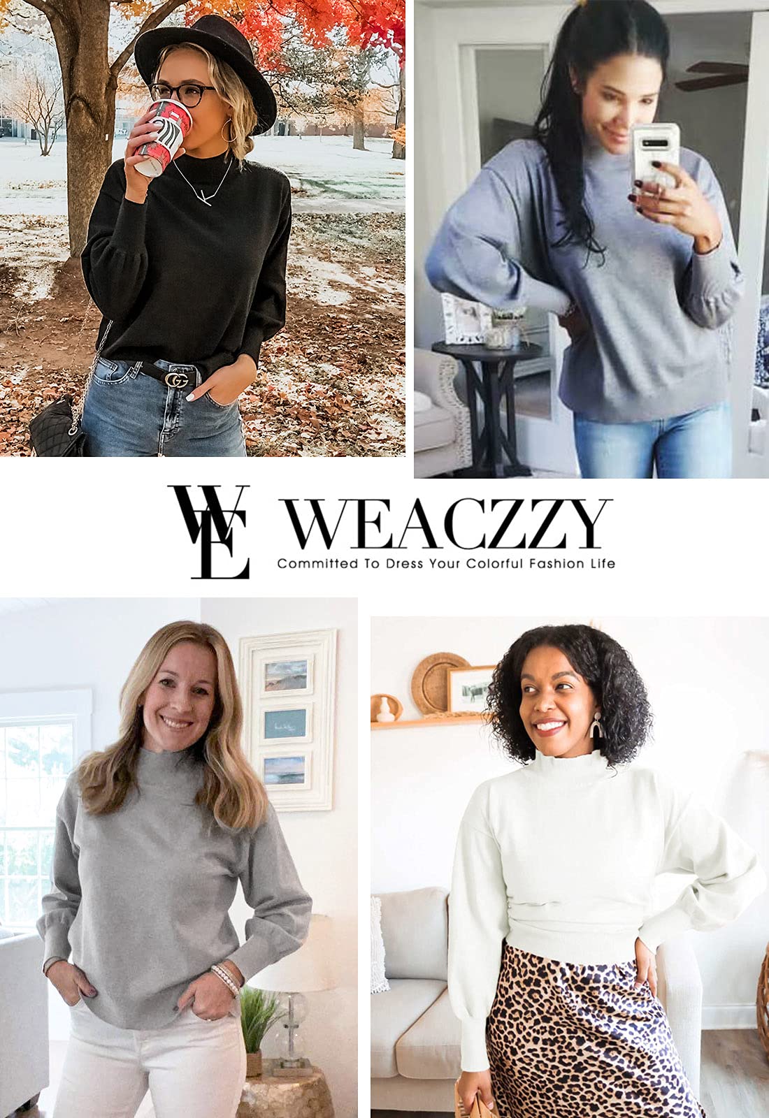 WEACZZY Women's Casual Mock Neck Long Lantern Sleeve Sweaters 2025 Fall Oversized Ribbed Knit Pullover Sweater Tops