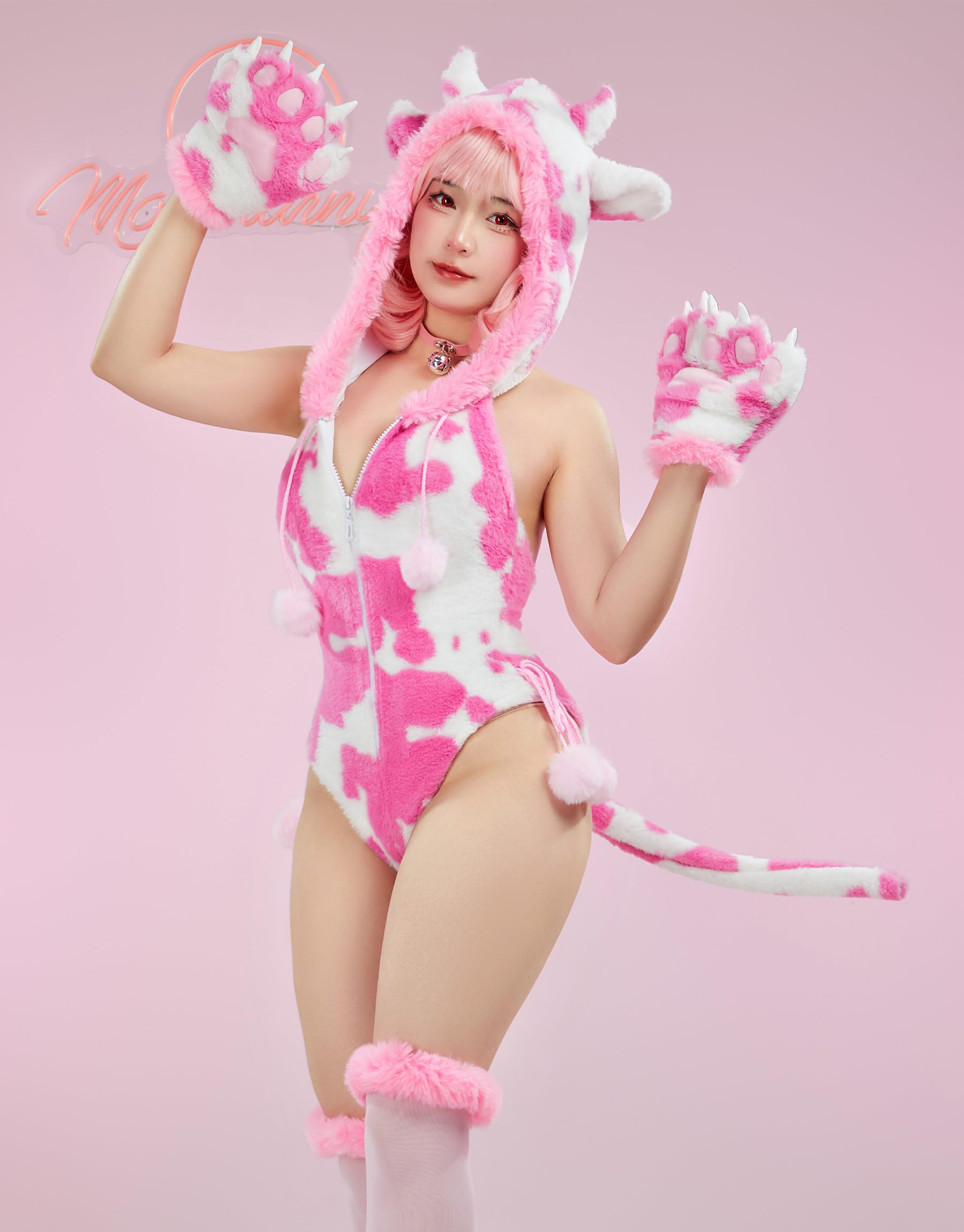 Mobbunny Women's Cow Print Romper Onesie Pajamas Plush Hooded Bodysuit Furry Homewear Jumpsuit: Medium