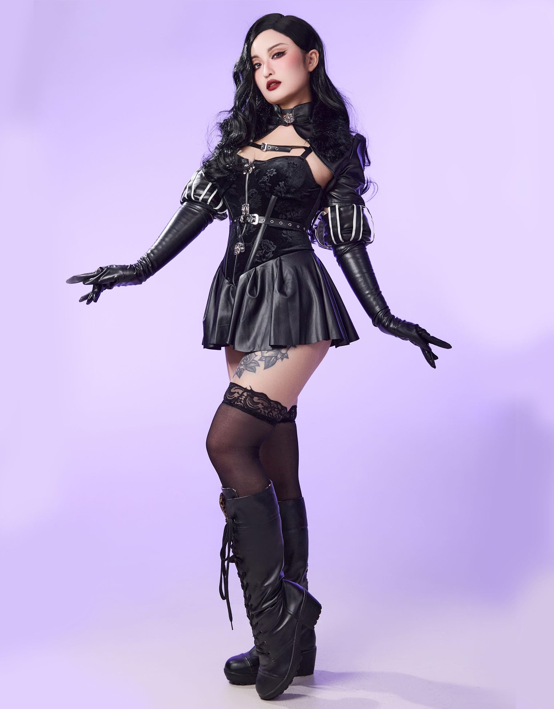 Mobbunny Anime Cosplay Costume Witch Style Black Dress and Short Jacket with Gloves and Belt Costume Halloween Outfit: Small